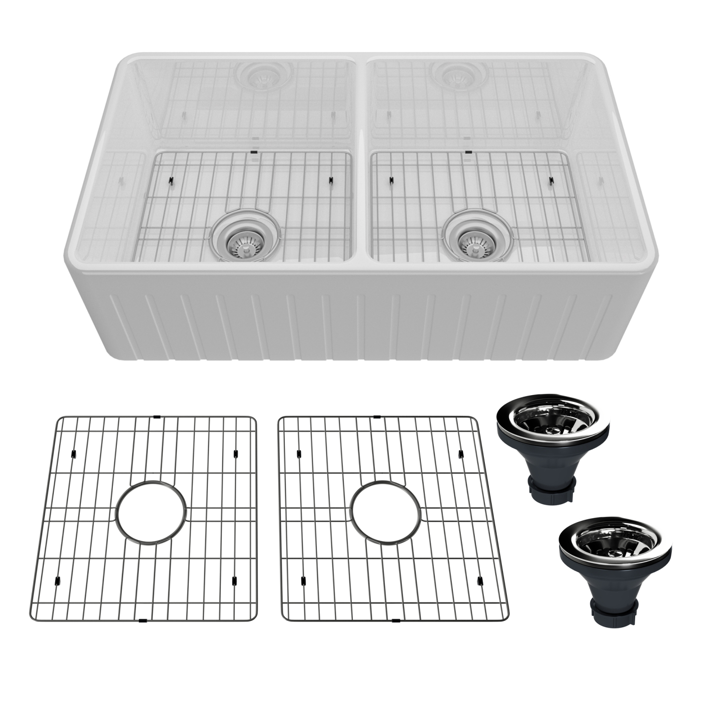 Farmhouse 33 in. double bowl fireclay kitchen sink in white comes with stainless steel bottom grid and strainer-Mondawe