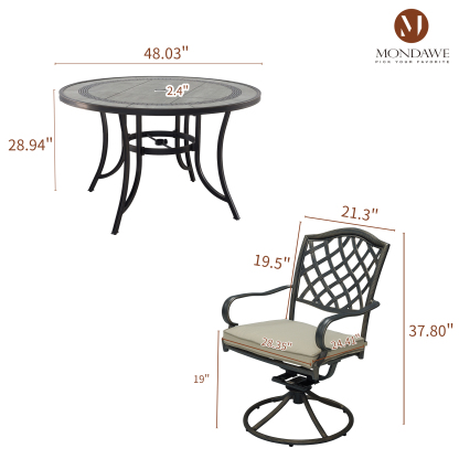 Mondawe 5 Piece Outdoor Dining Set Aluminum Swivel Rocker Chair Set with Cushions 48 inch Round Alum Casting Table-Mondawe