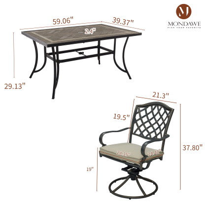Mondawe 7 Pieces Cast Aluminum Retro Design Patio Dining Set with 6 Swivel Dining Chair and 1 Rectangular Dining Table-Mondawe