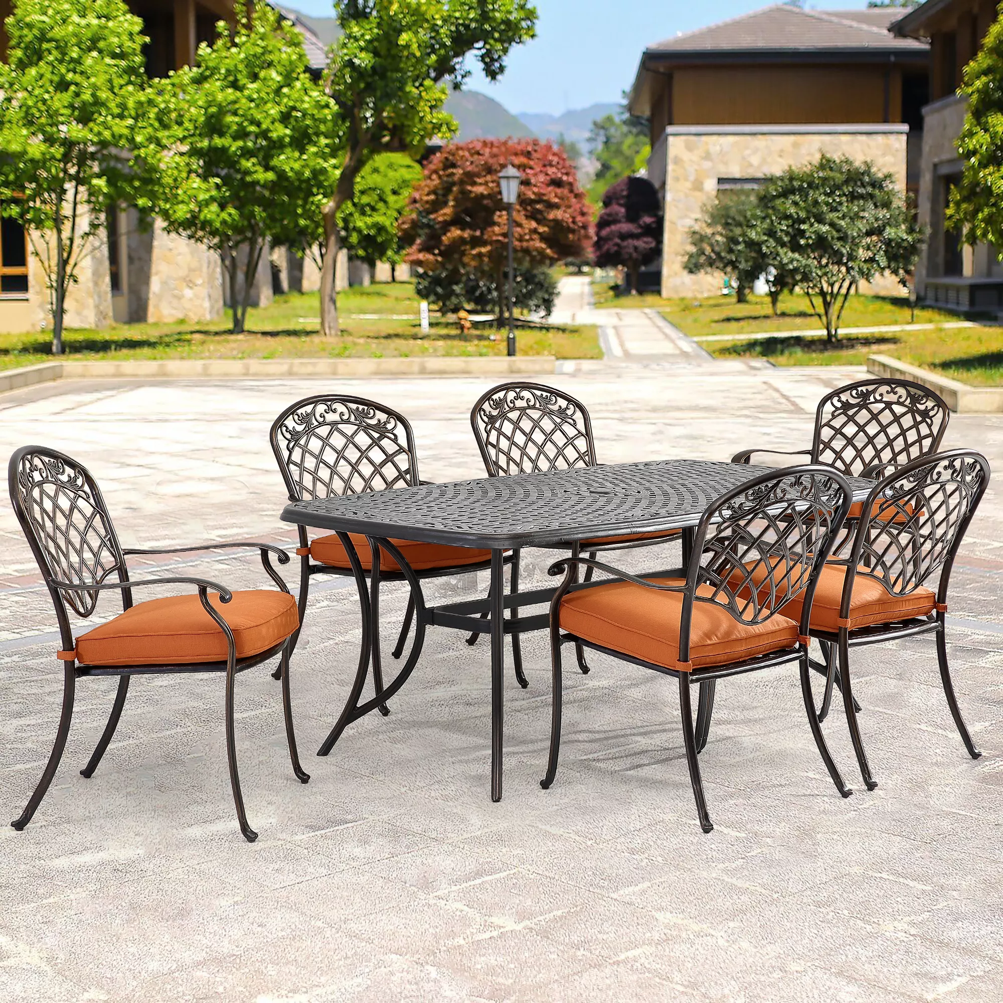 Mondawe 7Pcs Cast Aluminum Dining Set with Rectangle Round Corner Table and Diagonal-Mesh Vines Backrest Dining Chairs in Beige/Orange-Mondawe
