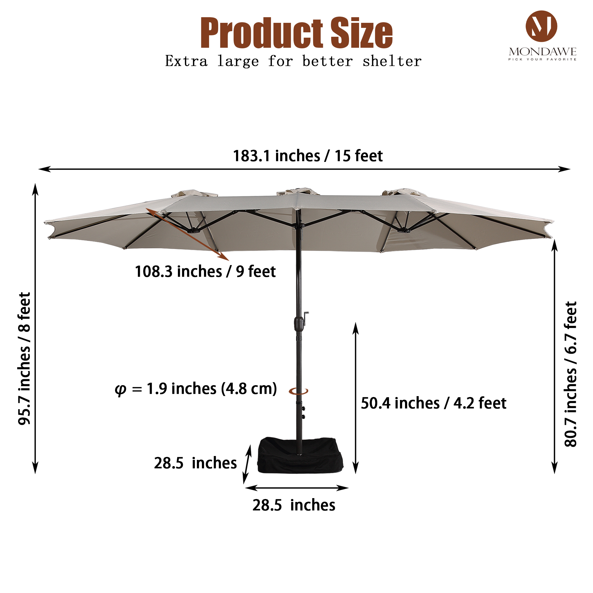 15ft Rectangular Patio Market Umbrella with Base