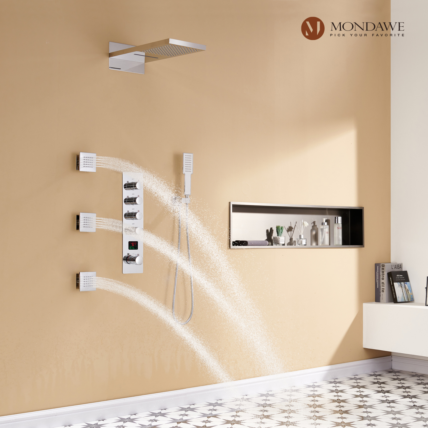 Mondawe Luxury Rain Dual Shower Heads Wall Mounted 22 in. with Digital Temperature Display 4 Spray Patterns Thermostatic and 3 Body Jets-Mondawe