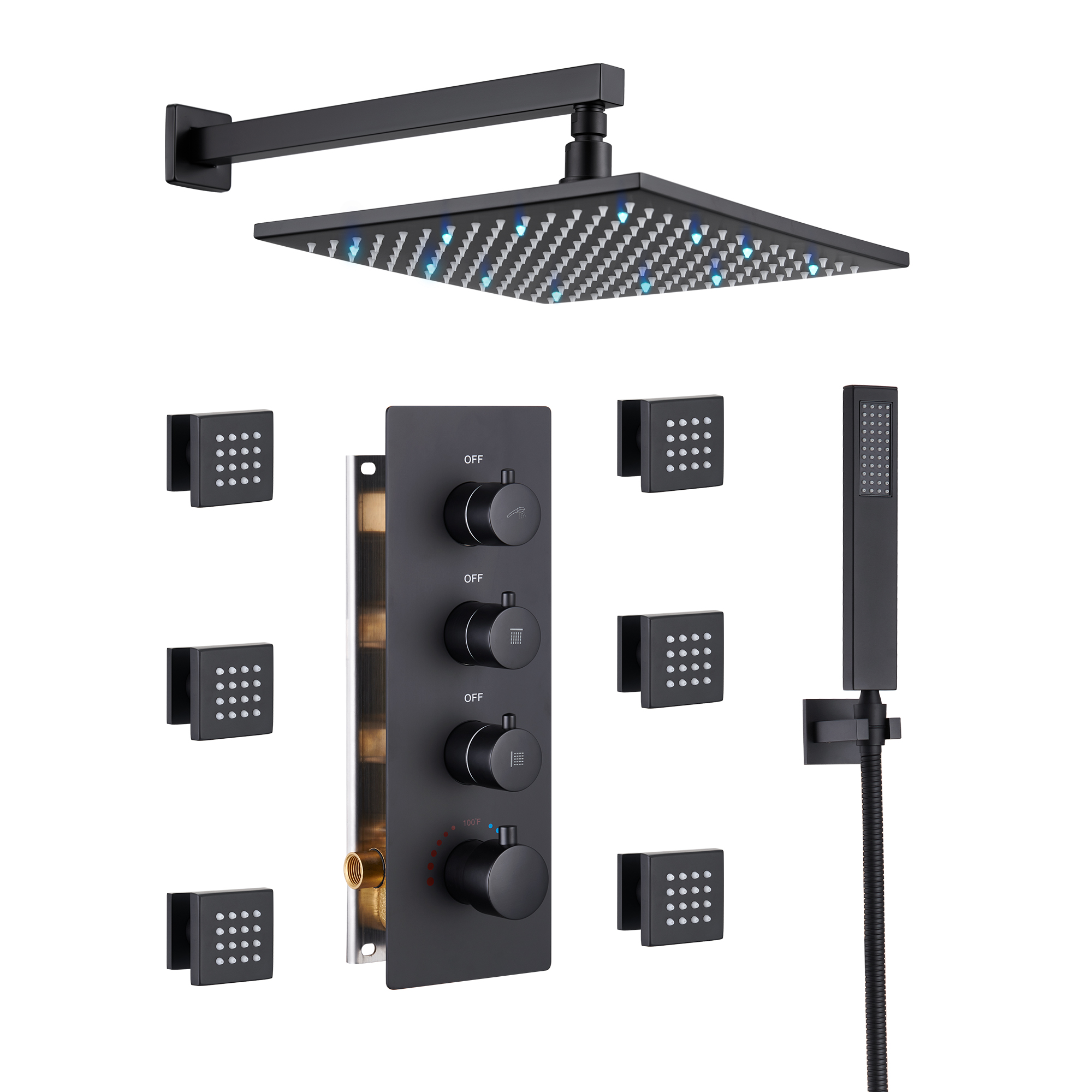 BL-Mondawe Luxury Wall Mount Rain Shower Head with 6 Shower Jet and LED 3-Spray Patterns Thermostatic 12 in. -Mondawe