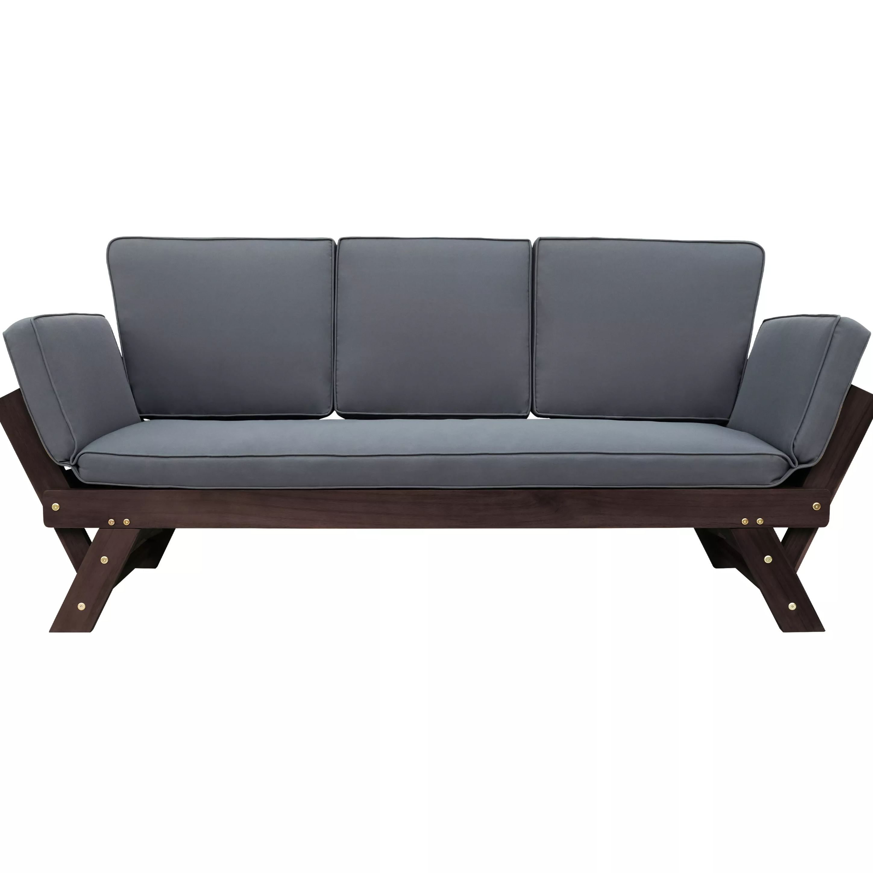 Mondawe Outdoor Adjustable Patio Wooden Daybed Sofa Chaise Lounge with Cushions for Small Places Brown Finish+Gray Cushion-Mondawe