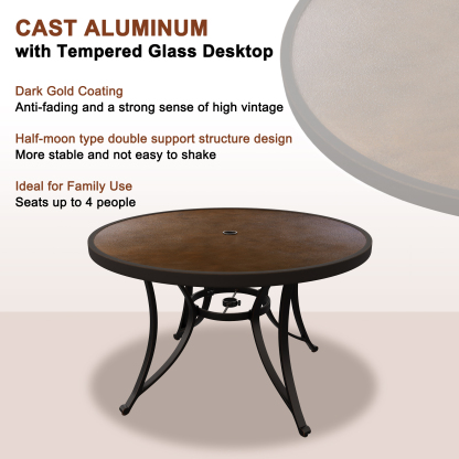 Dark Gold Round Aluminum 28 in. H Patio Outdoor Dining Tempered Glass Top Table with Umbrella Hole-Mondawe