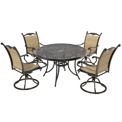 Mondawe 5Pcs Cast Aluminum Dining Set with Round Classic Pattern Table and Textilene Swivel Chairs-Mondawe