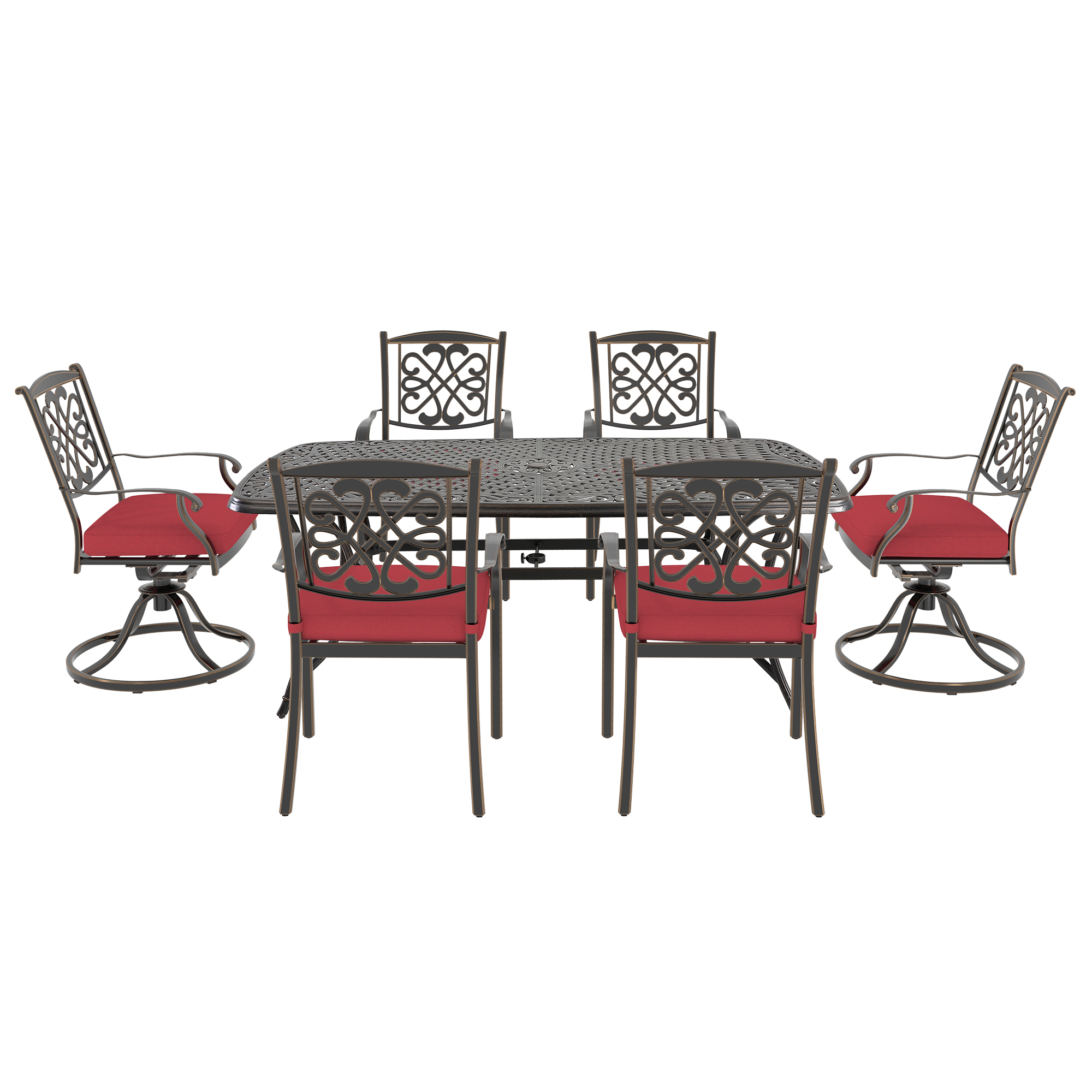 Mondawe 7Pcs Cast Aluminum Dining Set with Table, Flower-Shaped Backrest Swivel Chairs and Flower-Shaped Backrest Dining Chairs In Red/Beige-Mondawe