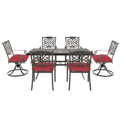 Mondawe 7Pcs Cast Aluminum Dining Set with Rectangle Table, Flower-Shaped Backrest Swivel Chairs and Flower-Shaped Backrest Dining Chairs In Red/Beige-Mondawe
