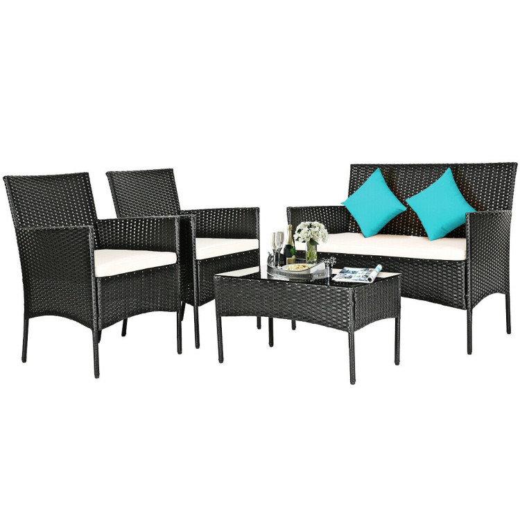 Mondawe 4 Pcs Patio Rattan Cushioned Sofa Furniture Set with Tempered Glass Coffee Table-White/Red/Turquoise-Mondawe