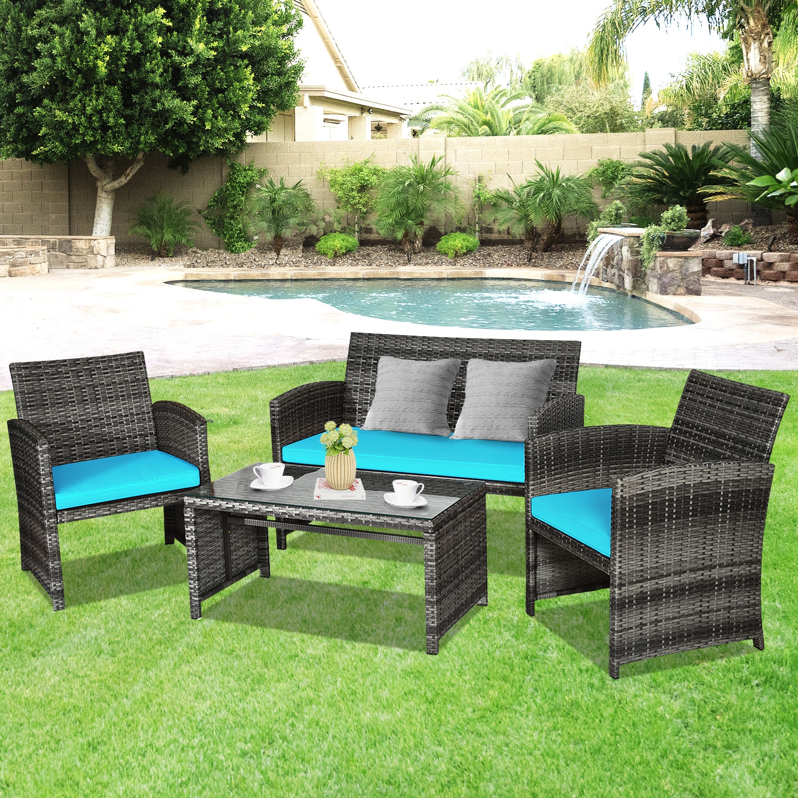 Mondawe 4PCS Patio Rattan Furniture Set-Turquoise-Mondawe