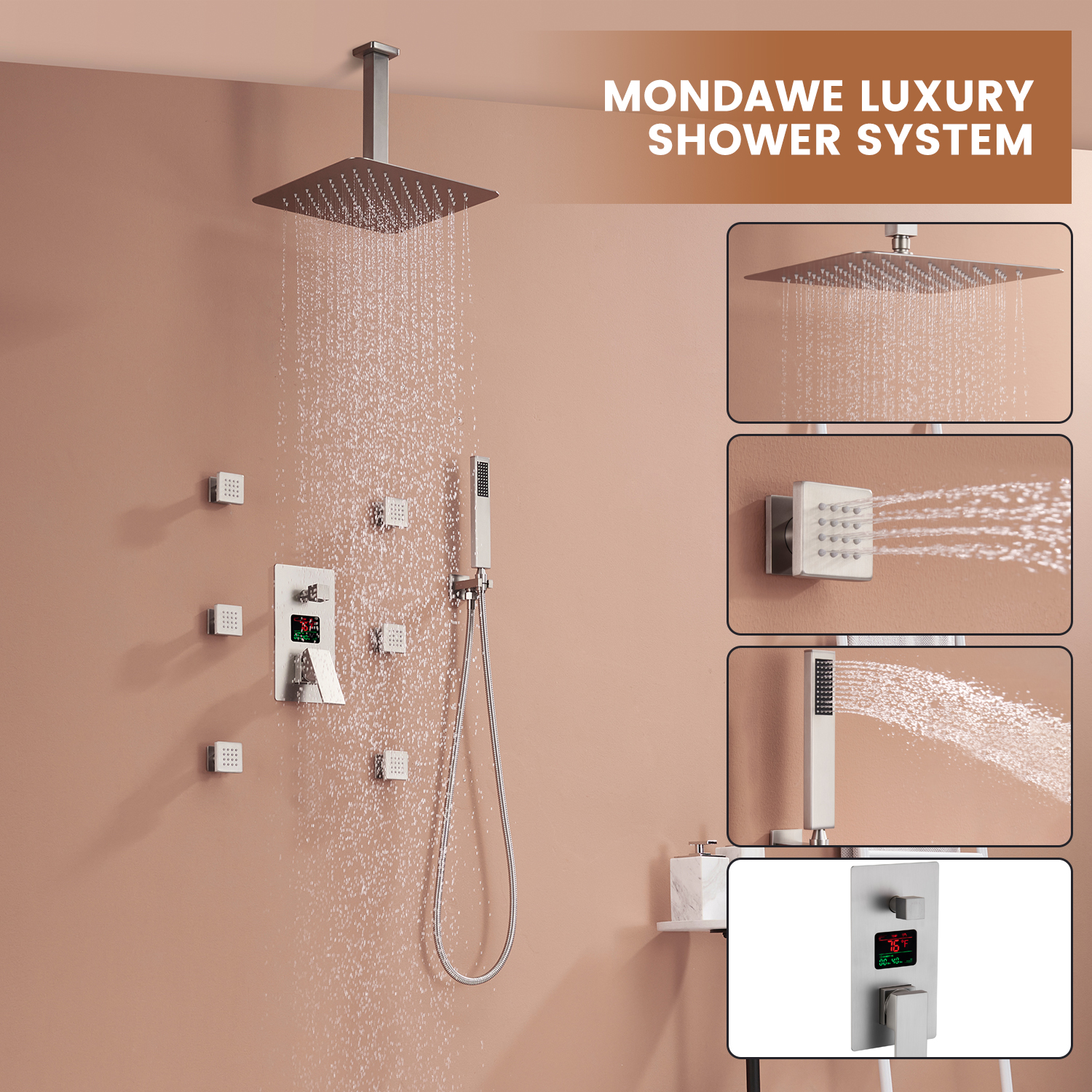  The Rain Shower System with 12 inch Shower head and Handheld Showerhead are both crafted from high-grade stainless steel