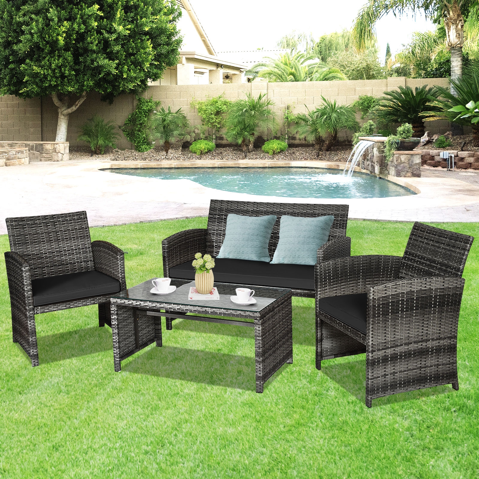 Mondawe 4 Pieces Patio Rattan Furniture Set with Glass Table and Loveseat-Black-Mondawe