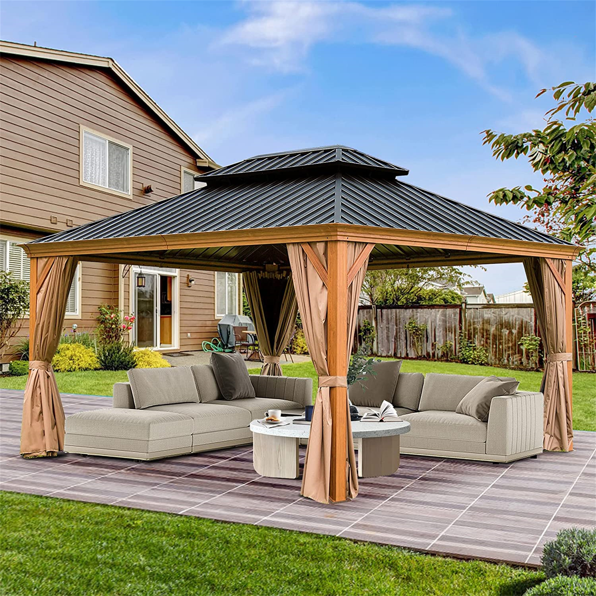 Mondawe 12'x14' Wooden Frame Permanent Aluminum Metal Pavilion Coated Hardtop Gazebo with Curtains and Netting Galvanized Steel Double Roof Canopy for Patio Deck and Lawn
