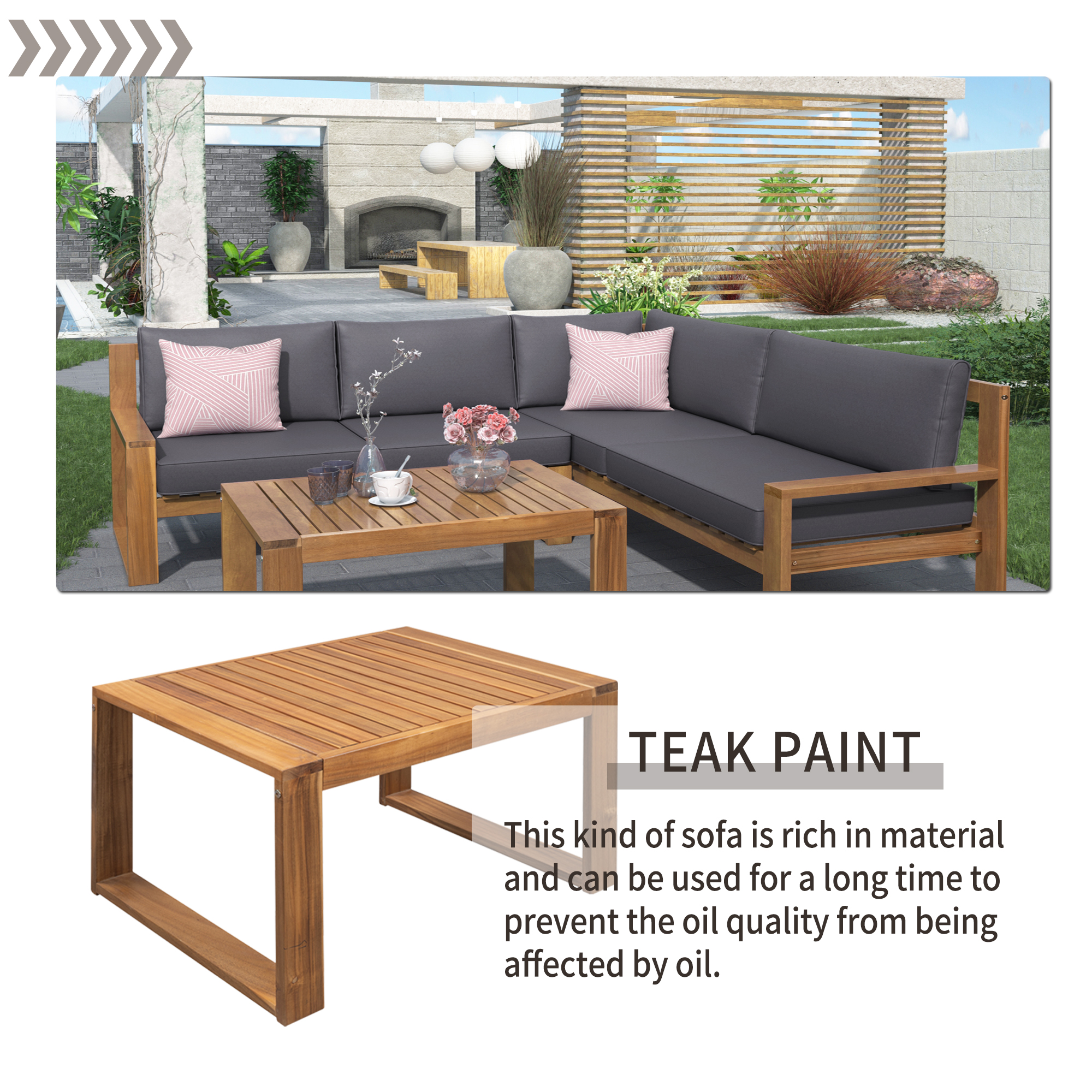 Mondawe 3-Piece Patio Sectional Set Acacia Wood and Grey Cushions Ideal for Outdoors and Indoors-Mondawe