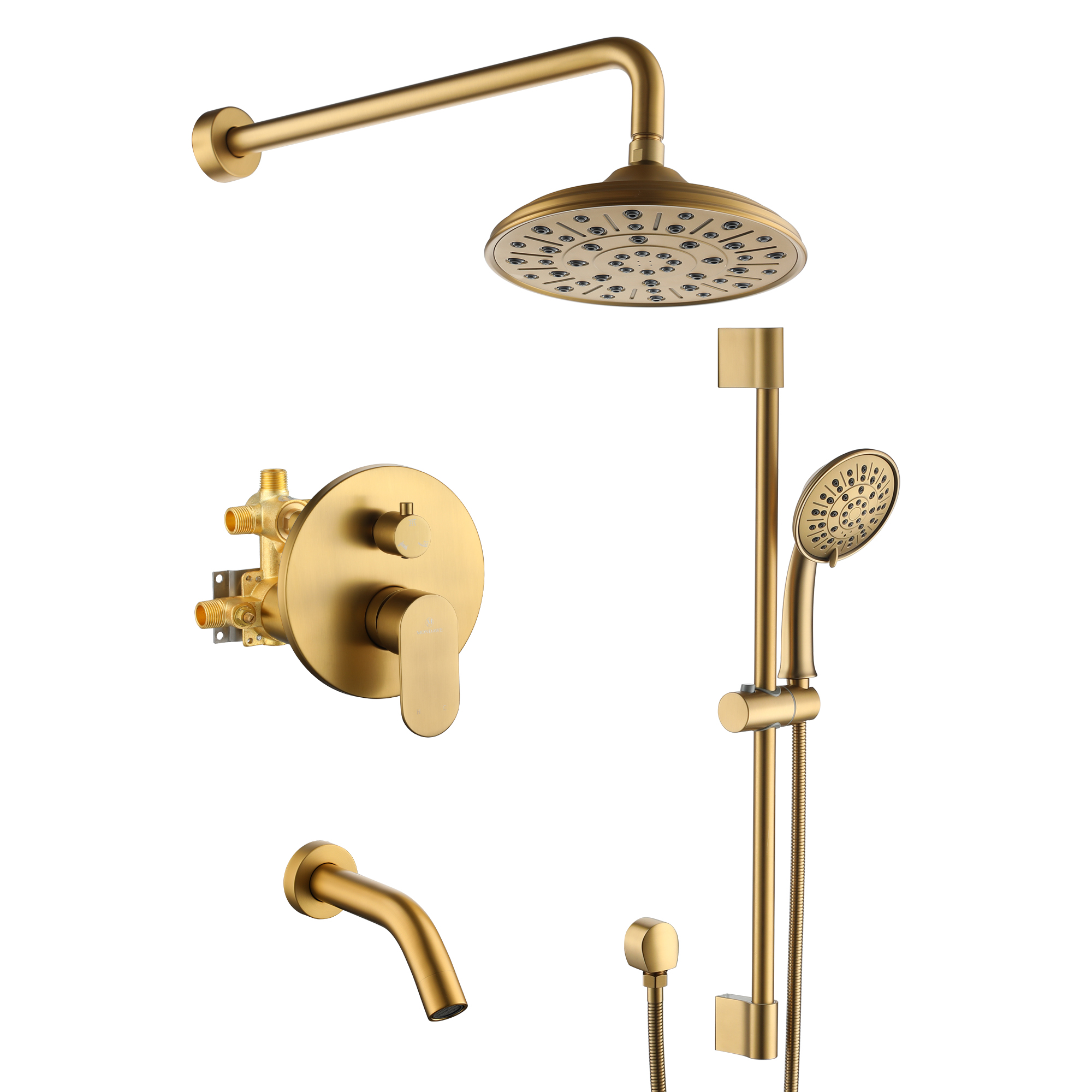 3815BG3Mondawe Retro Series 2-Spray Patterns with 1.8 GPM 8 in. Rain Wall Mount Dual Shower Heads with Handheld and Spout in Brushed Nickel/ Black/ Bronze/Brushed Gold