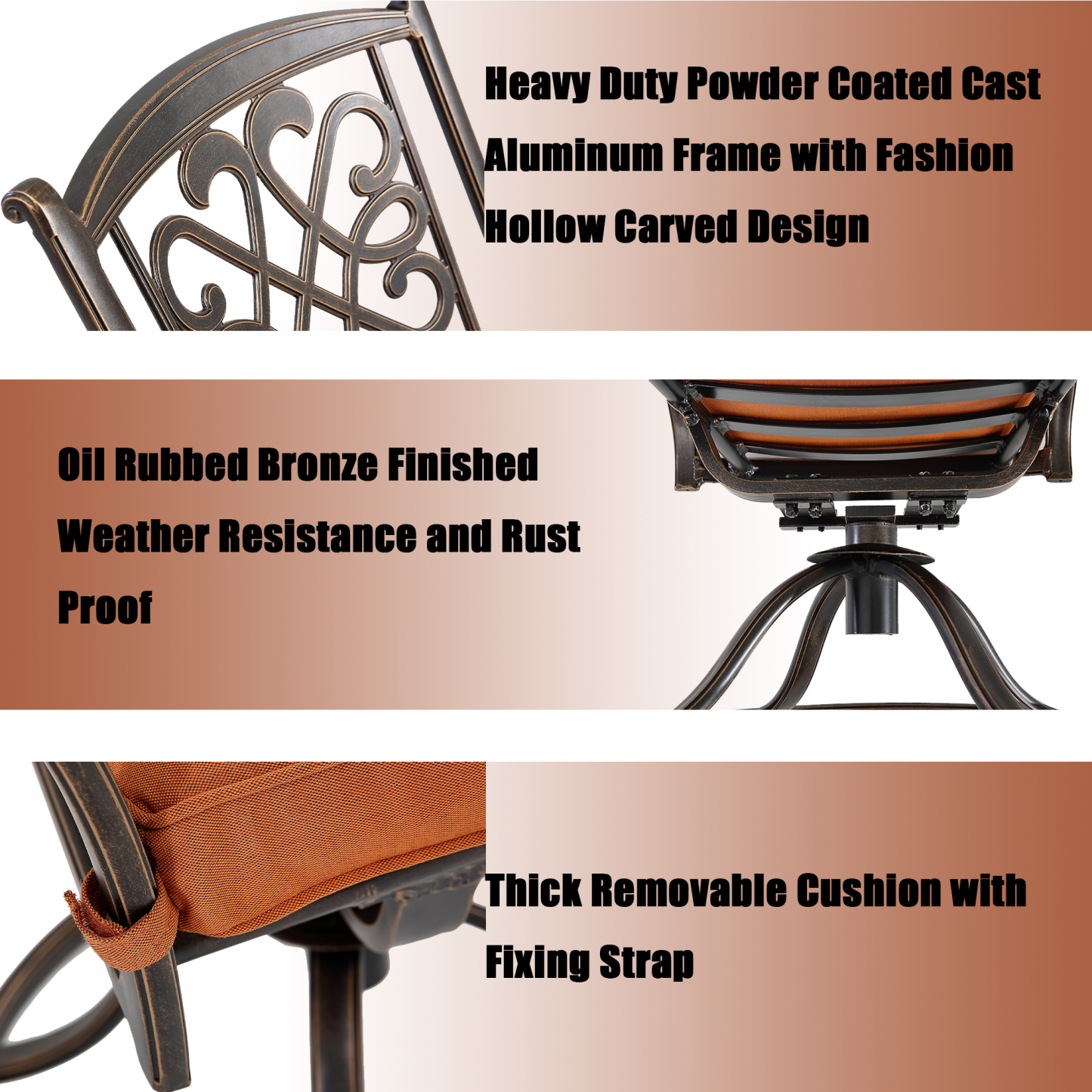 Mondawe 3Pcs Cast Aluminum Dining Set with Round Tile-Top Table and Flower-Shaped Backrest Swivel Chairs in Orange/beige-Mondawe