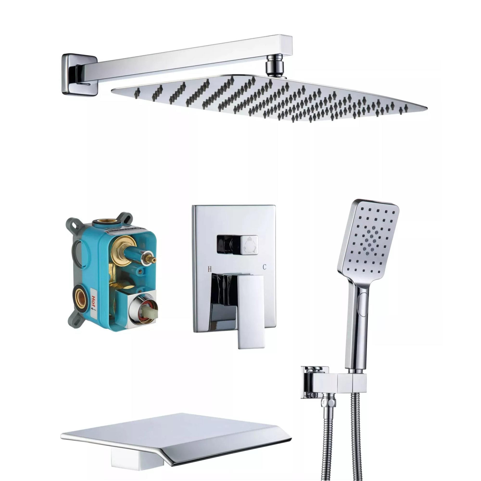 Mondawel Shower Faucet Set 3-Function Bathroom Shower Fixtures with Waterfall Tub Spout Wall Mount 10 inch Rain Shower Head-Mondawe
