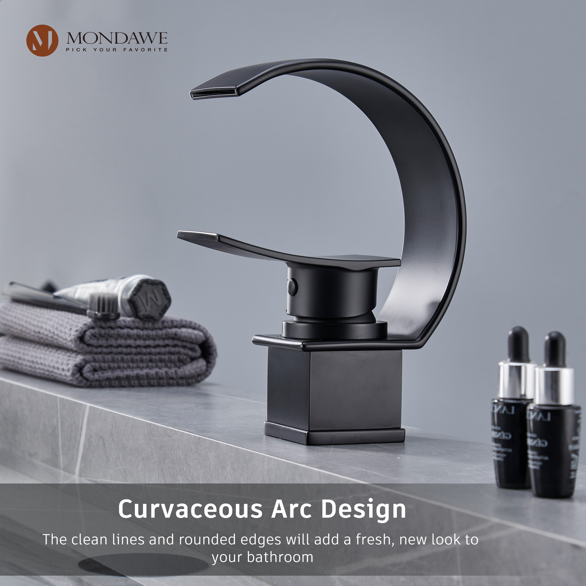 Mondawe 8 In Widespread Single-Lever Handle Arc Spout Single-Hole Bathroom Sink Faucet with Waterfall-Mondawe