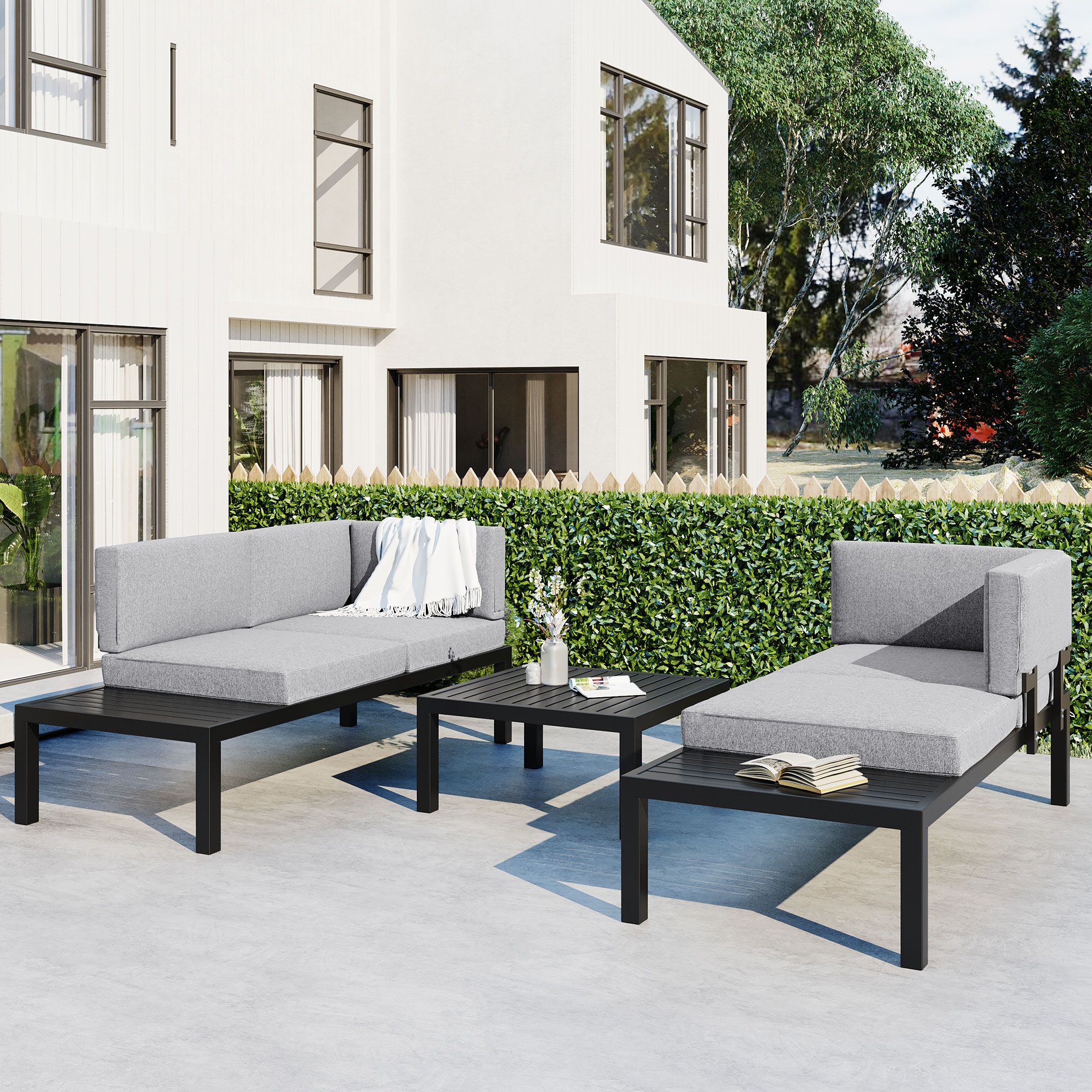 Mondawe Outdoor 3-piece Aluminum Alloy Sectional Sofa Set with End Table and Coffee Table Black Frame+Gray Cushion-Mondawe