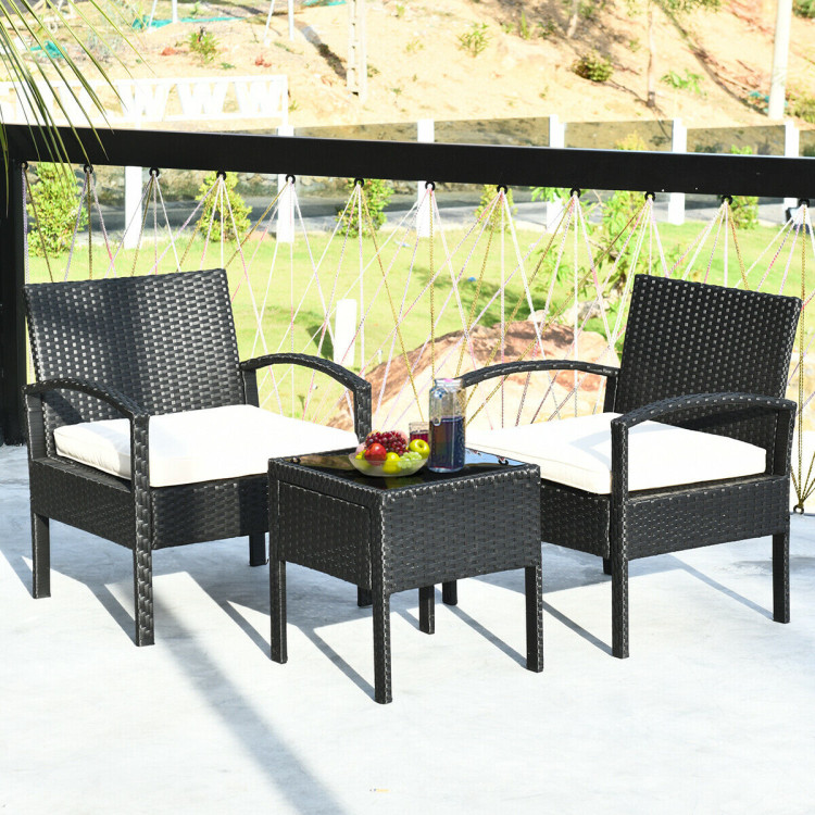 Mondawe 3 Pieces Outdoor Rattan Patio Conversation Set with Seat Cushions-Red-Mondawe