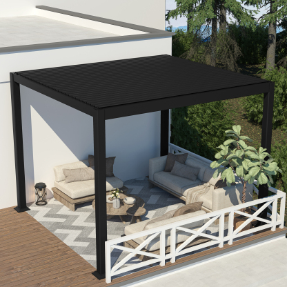 10 x 10 ft Outdoor Louvered Pergola in Aluminum with Adjustable Roof and String Lights-Mondawe
