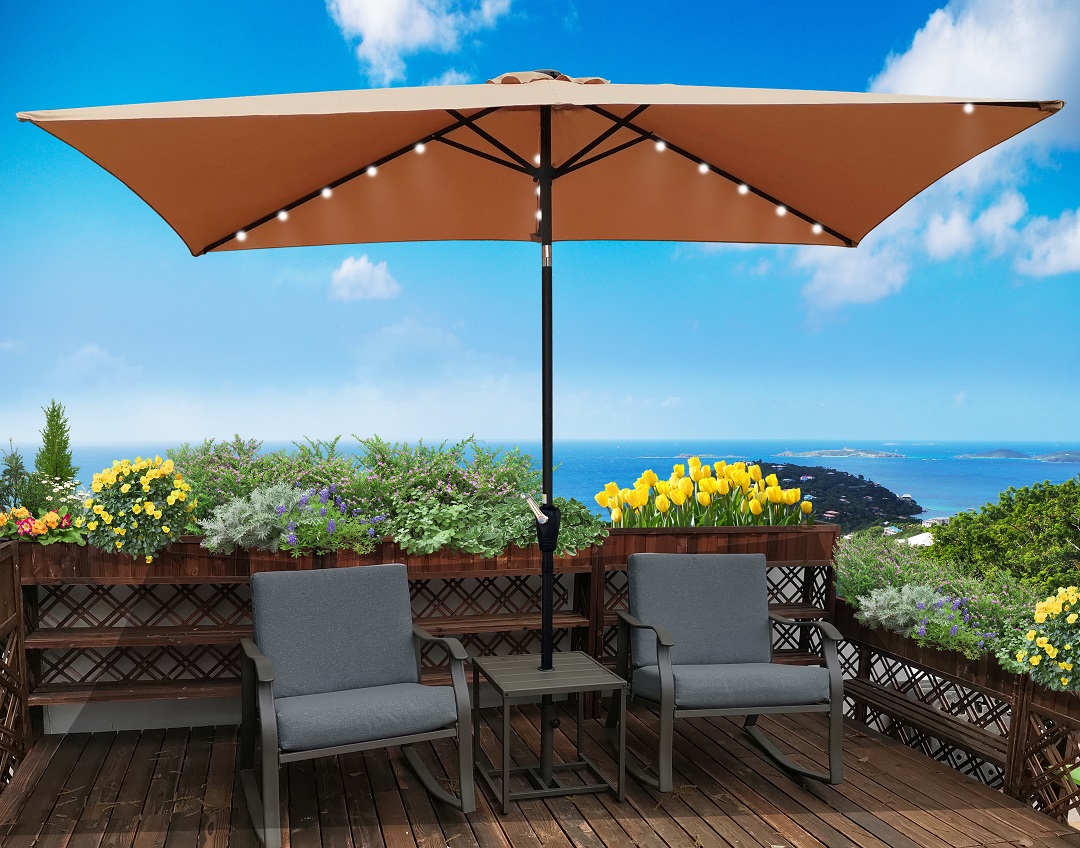 Mondawe 10 x 6.5t Rectangular Patio Solar LED Lighted Outdoor Umbrellas with Crank and Push Button Tilt for Garden Backyard Pool Swimming Pool-Mondawe