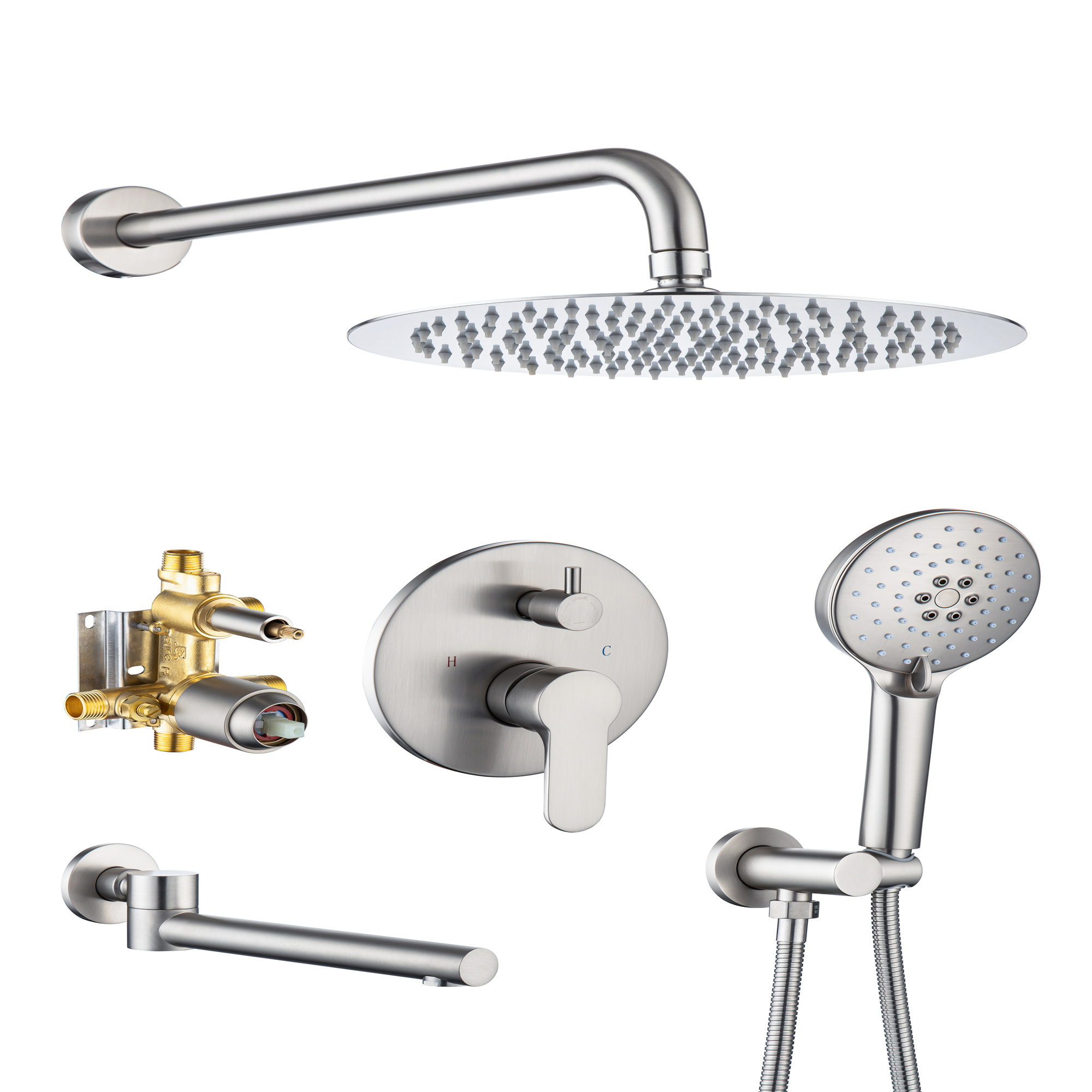 Tub Shower Faucets Sets Complete Bathtub Faucet Set Brushed Nickel Bathtub Shower System with Tub Spout, Bathroom Tub and Shower Faucet Combo Trim Kit with Rough-in Valve-Mondawe