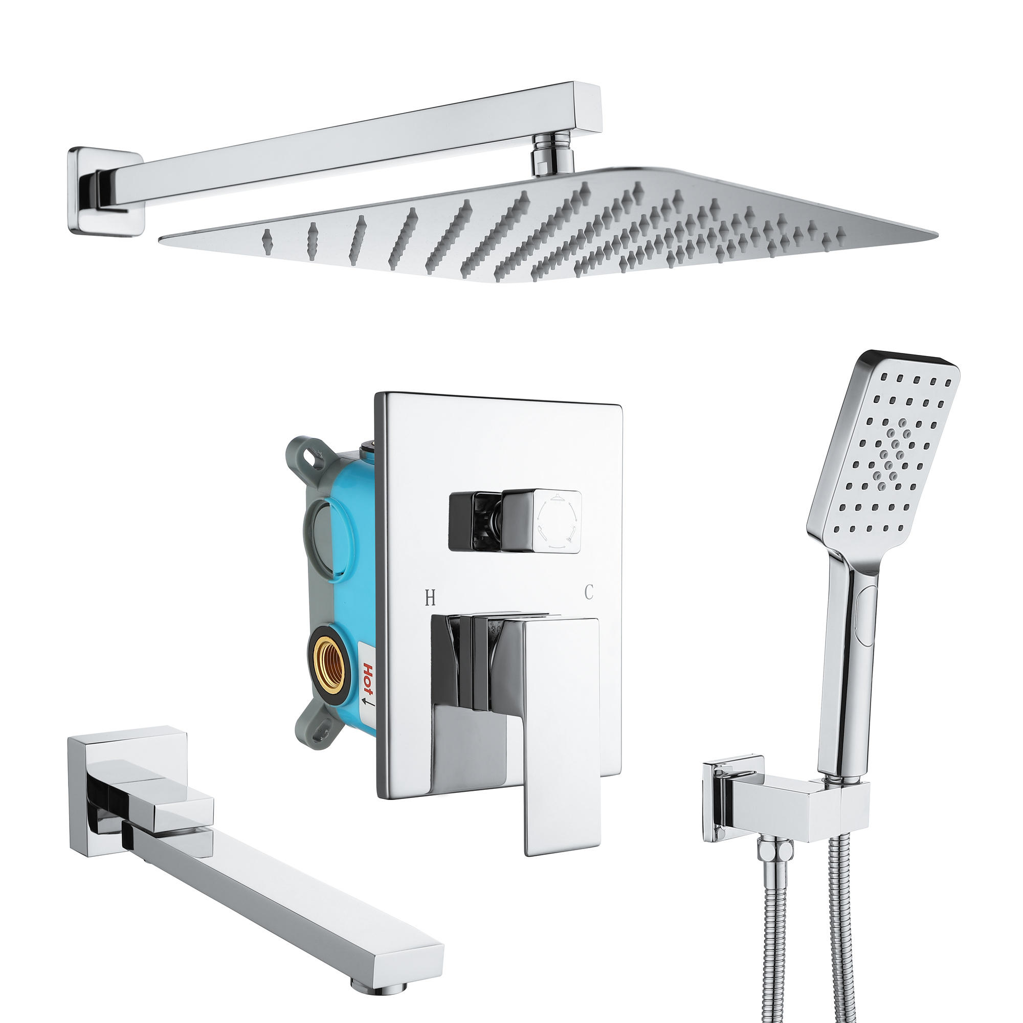 Shower Faucet Set Anti-scald Shower Fixtures with Rough-in Pressure Balanced Valve and Embedded Box, Wall Mounted Rain Shower System-Mondawe