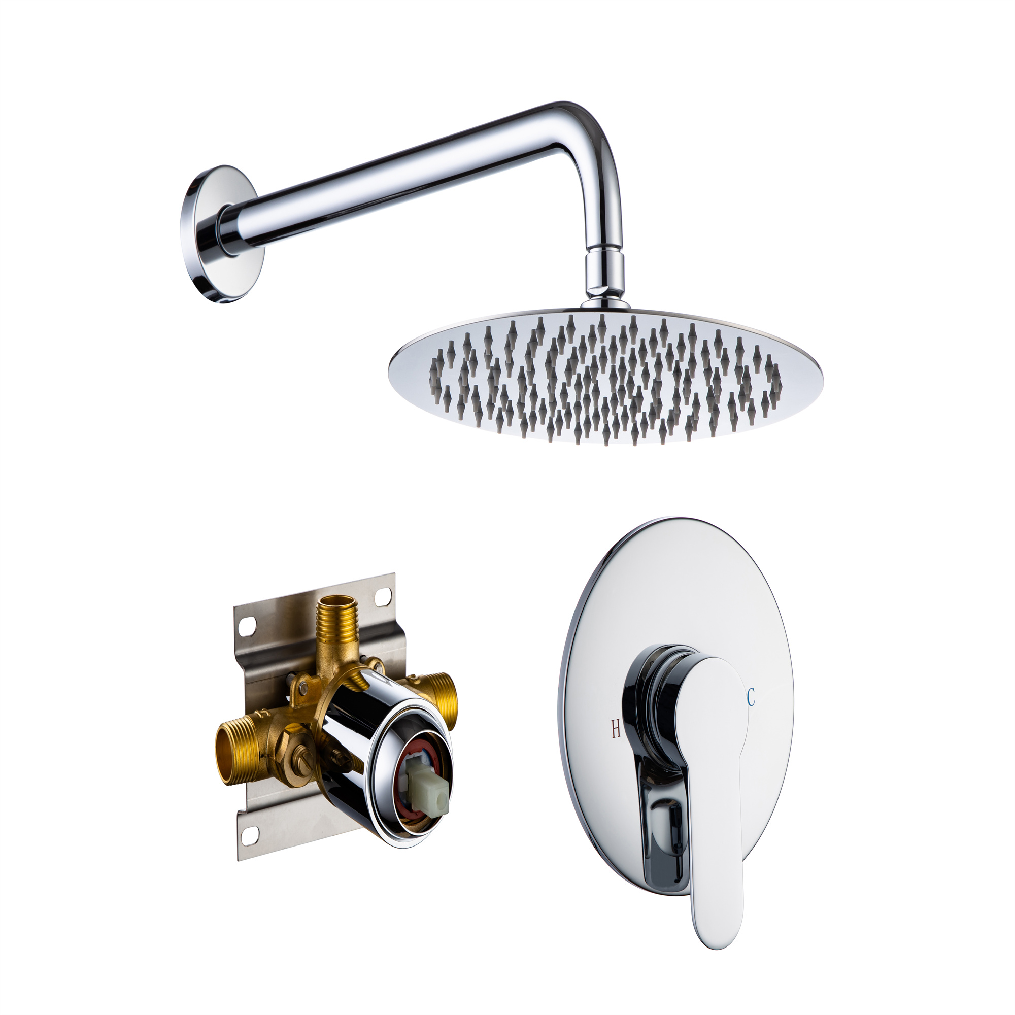 Shower Faucet Set, Wall Mount Round hower System Mixer Set, 10 Inch Rain Shower Head , Solid Brass, Rough-in Valve Included-Mondawe