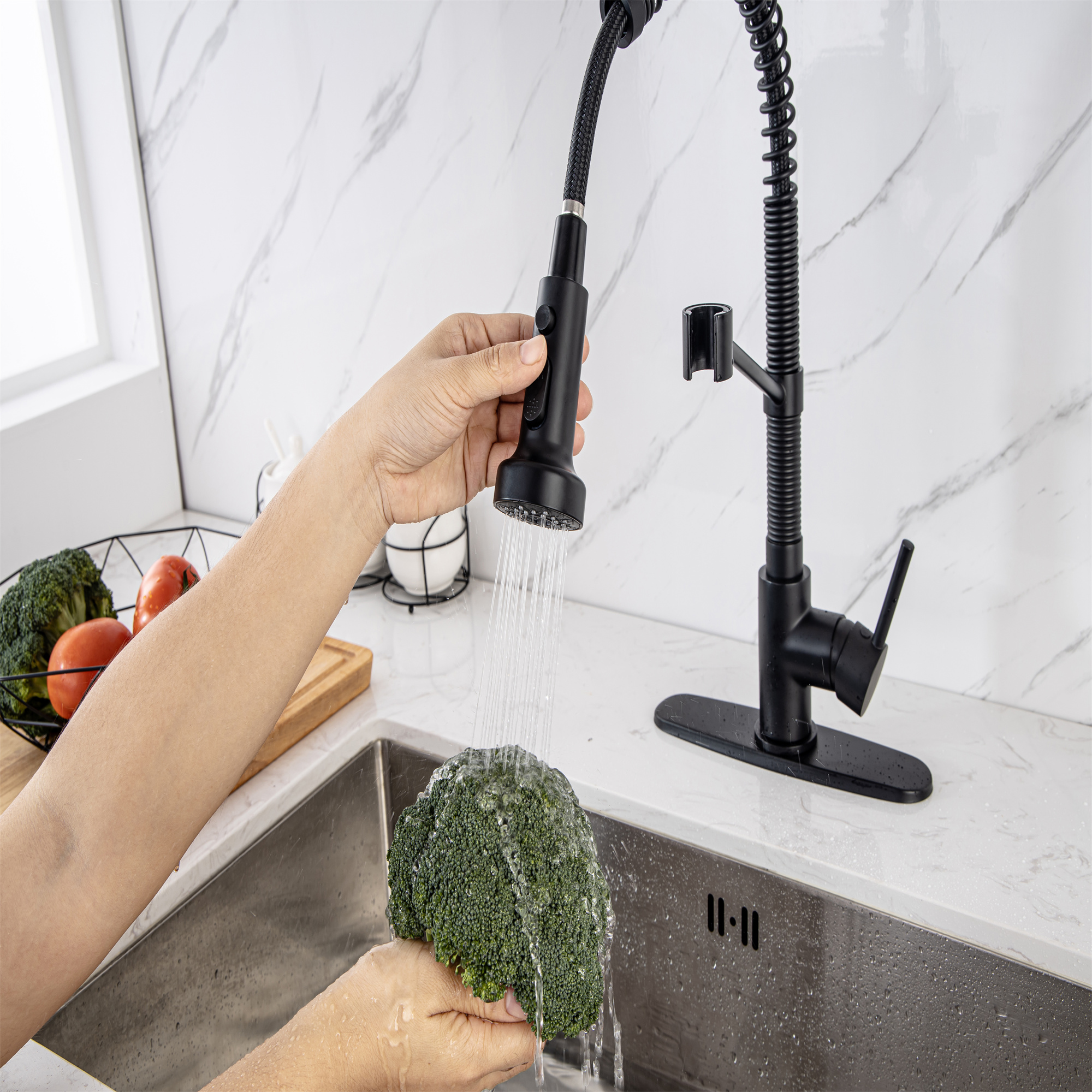 Kitchen Faucet, Kitchen Faucets with Pull Down Sprayer WEWE Sus304 Stainless Steel Matte Black Industrial Single Handle One Hole Or 3 Hole Faucet for Farmhouse Camper Laundry Utility Rv Wet Bar Sinks-Mondawe