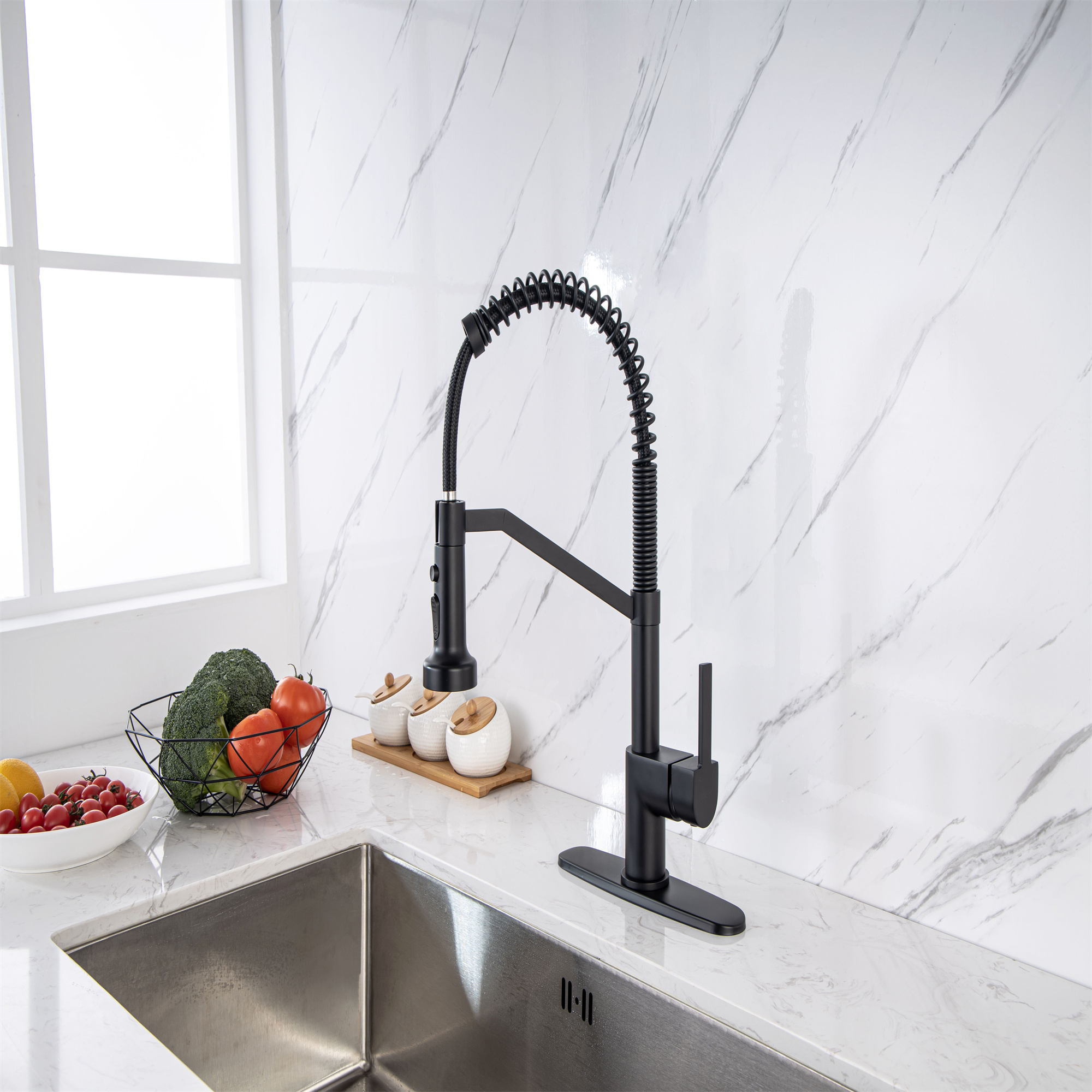 Kitchen Faucet, Kitchen Faucets with Pull Down Sprayer WEWE Sus304 Stainless Steel Matte Black Industrial Single Handle One Hole Or 3 Hole Faucet for Farmhouse Camper Laundry Utility Rv Wet Bar Sinks-Mondawe
