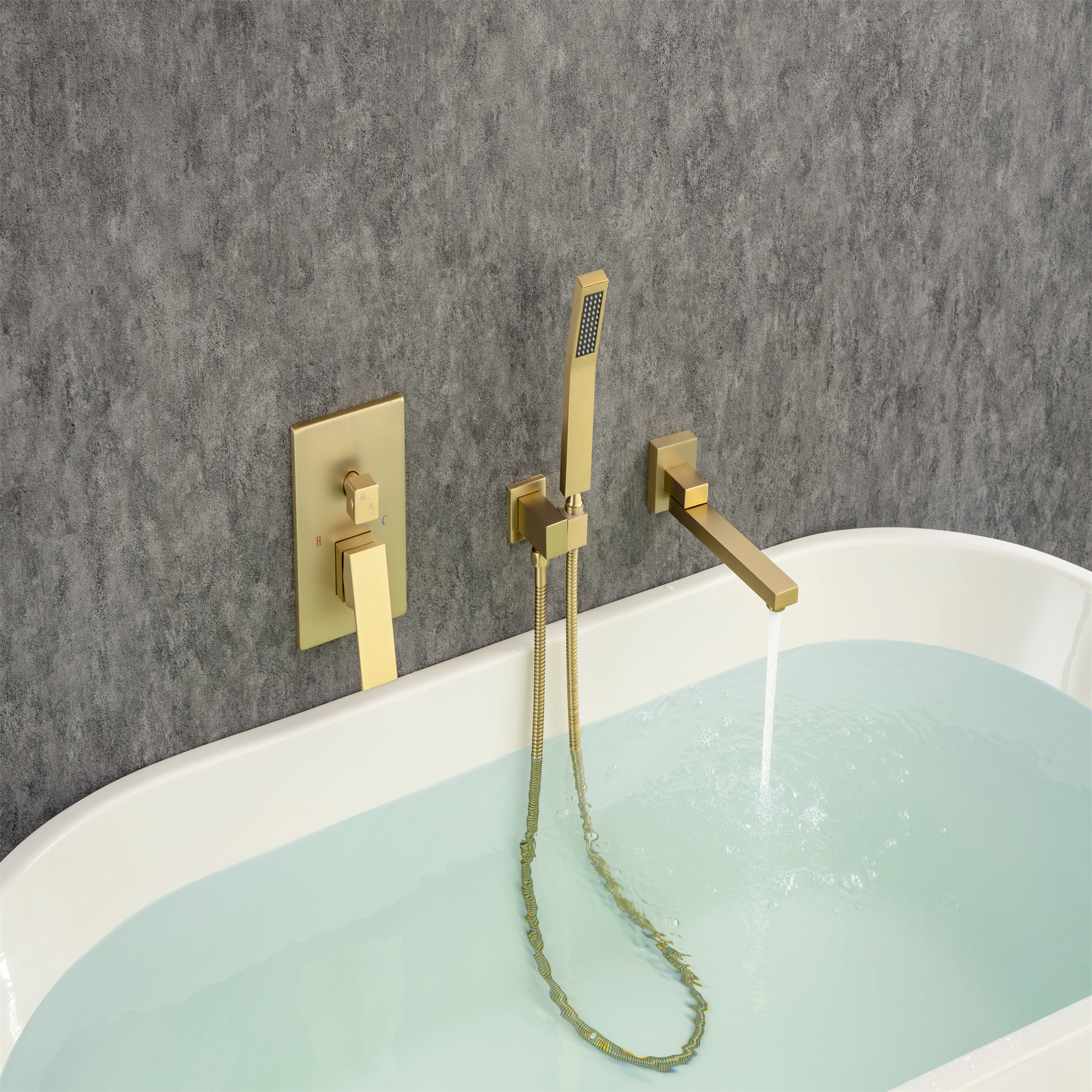 Waterfall Wall Mounted Bathtub Faucet with Hand Shower Swivel Tub Filler Faucet Single Handle Solid Brass-Mondawe