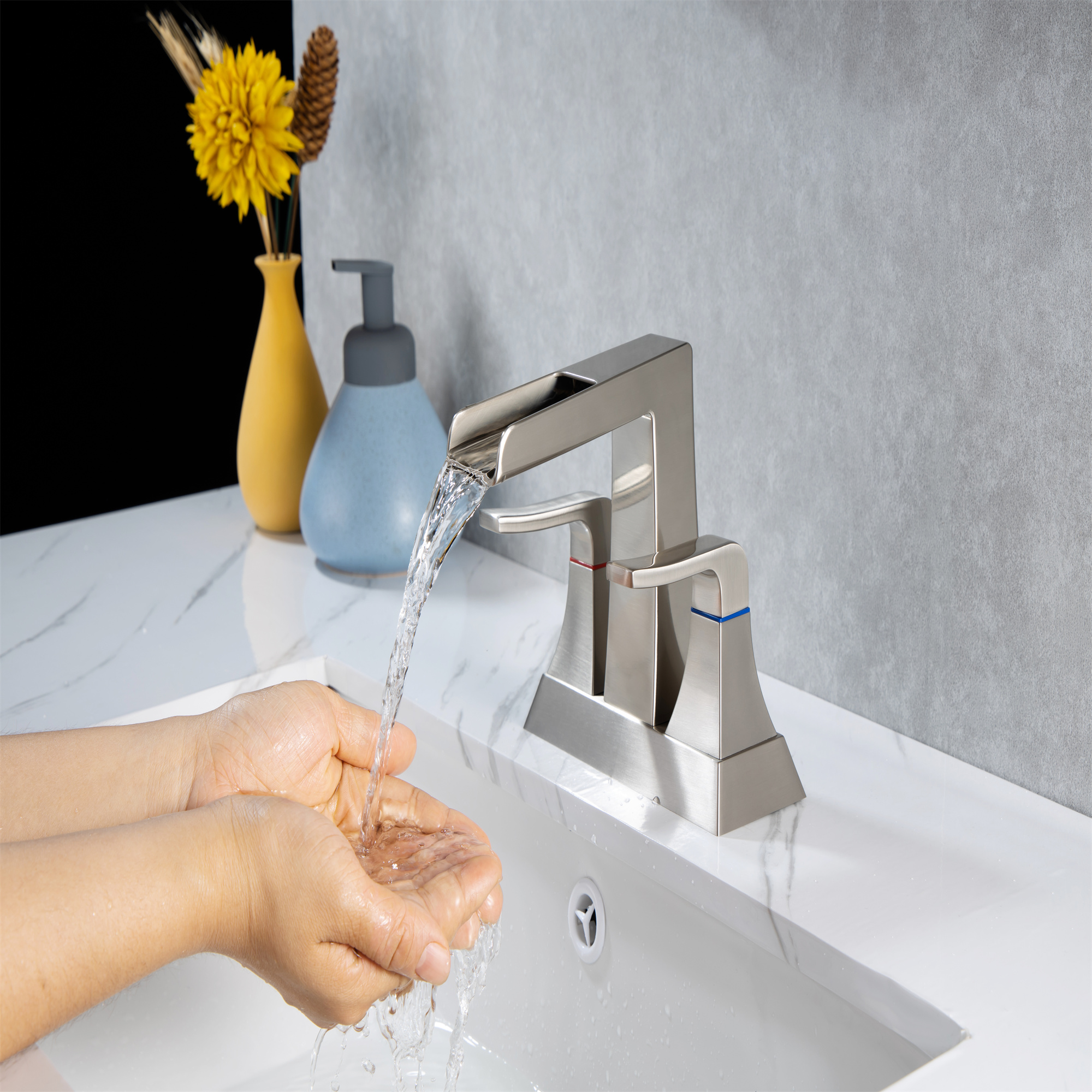 2-Handle Lavatory Faucet Brushed Nickel Bathroom Sink Faucet with Metal Pop-up Drain and Faucet Supply Lines-Mondawe