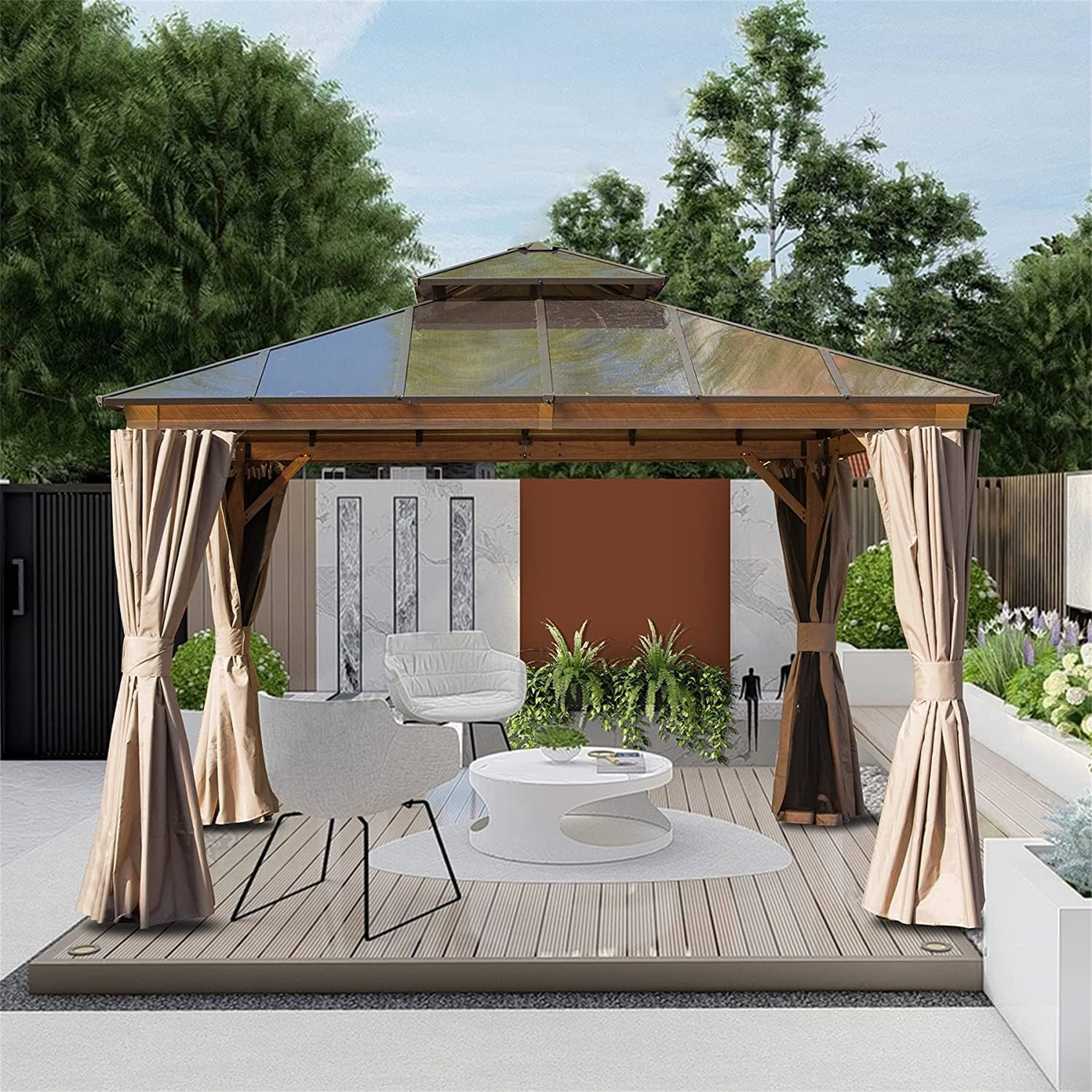 Mondawe Outdoor Sanctuary 12x12 Ft Hardtop Gazebo Elegant and Durable Pavilion with Polycarbonate Double Roof, Curtains, and Net for Gardens, Patios, Lawns, Decks, and Backyards
