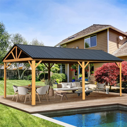 12x20ft Galvanized Steel Gable Roof Outdoor Permanent Hardtop Gazebo Pergola with Wood Grain Aluminum Frame Pavilion-Mondawe
