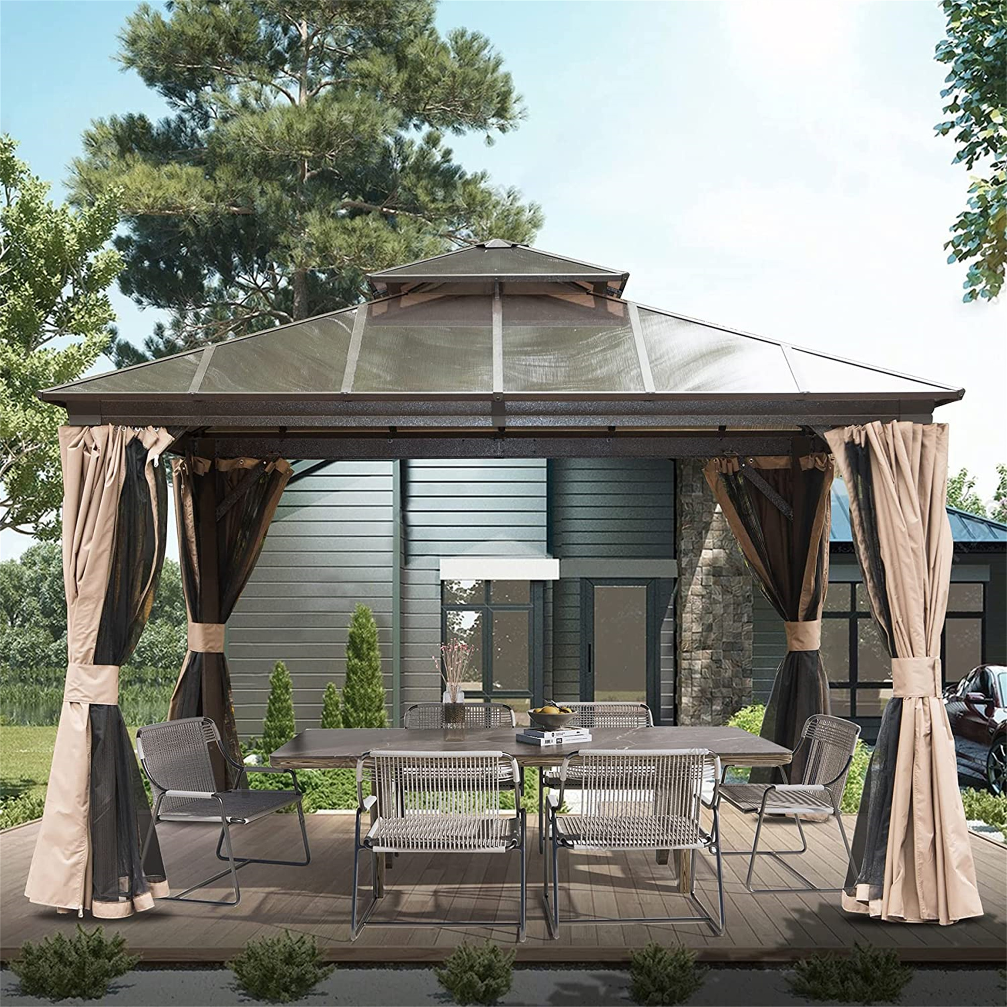 Mondawe Outdoor Sanctuary 12x12 Ft Hardtop Gazebo Elegant and Durable Pavilion with Polycarbonate Double Roof, Curtains, and Net for Gardens, Patios, Lawns, Decks, and Backyards