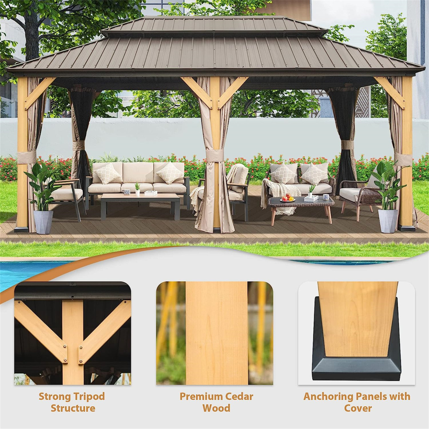 12x20 ft Outdoor Cedar Wood Frame Permanent Metal Pavilion Hardtop Gazebo with Galvanized Steel Double Roof, Curtains and Netting Included-Mondawe