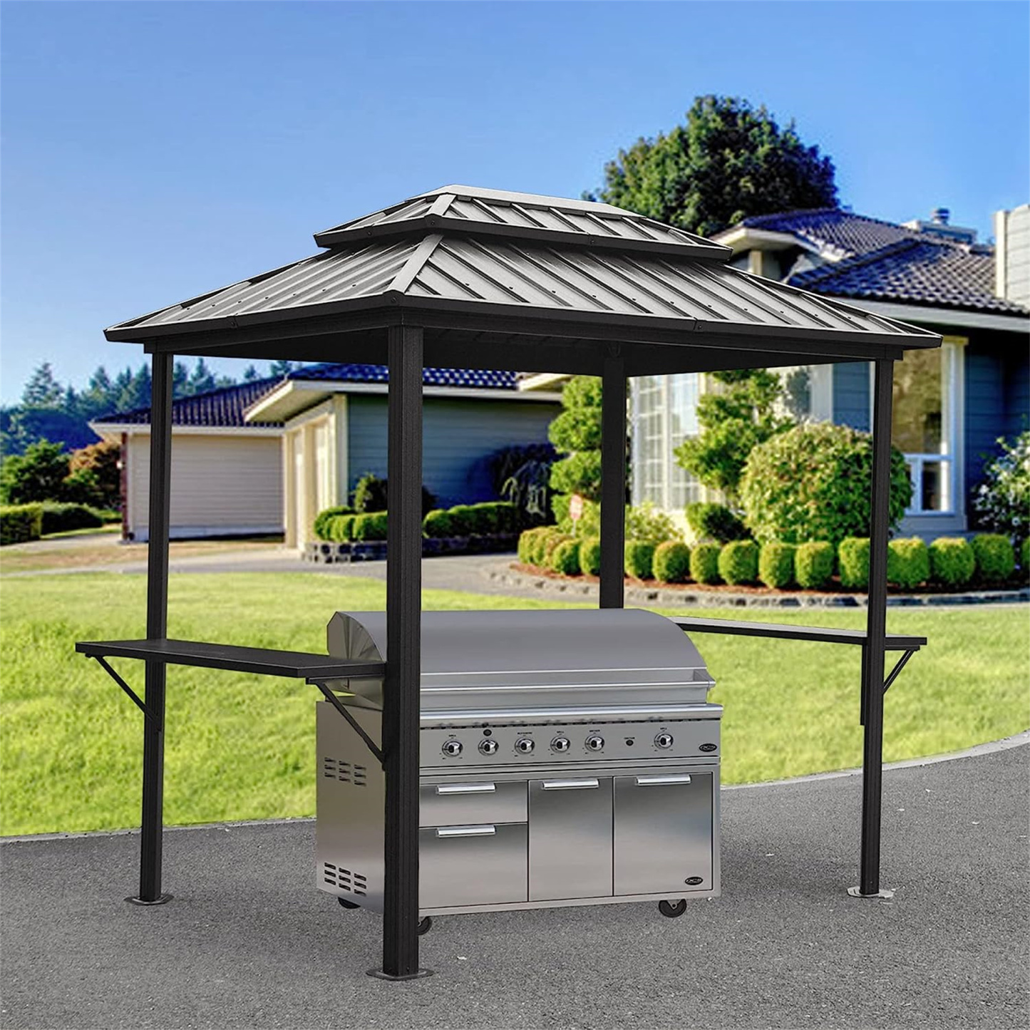 Mondawe Outdoor 8 × 6 Ft Aluminum Frame BBQ Grill Permanent Double Roof Hardtop Gazebo with Shelves Serving Tables for Patio Lawn Deck Backyard and Garden