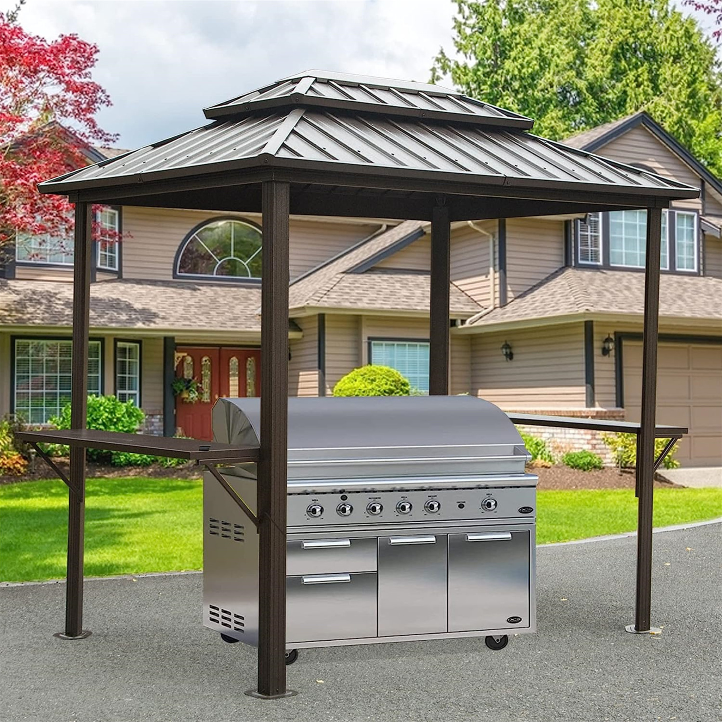 Mondawe Outdoor 8 × 6 Ft Aluminum Frame BBQ Grill Permanent Double Roof Hardtop Gazebo with Shelves Serving Tables for Patio Lawn Deck Backyard and Garden