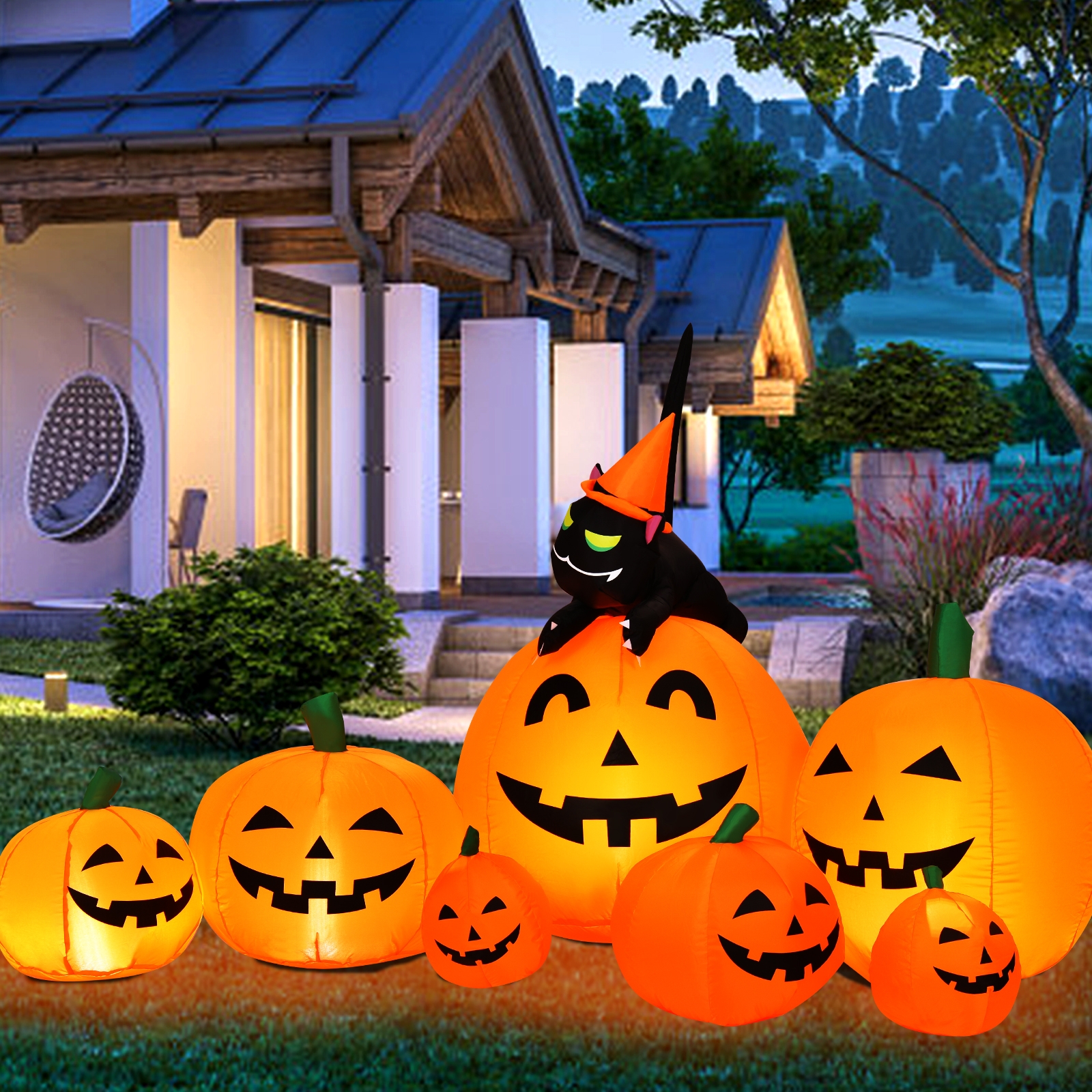 Mondawe 7.5 Ft Inflatable Cute Pumpkin Combo with Witch Black Cat For Happy Halloween