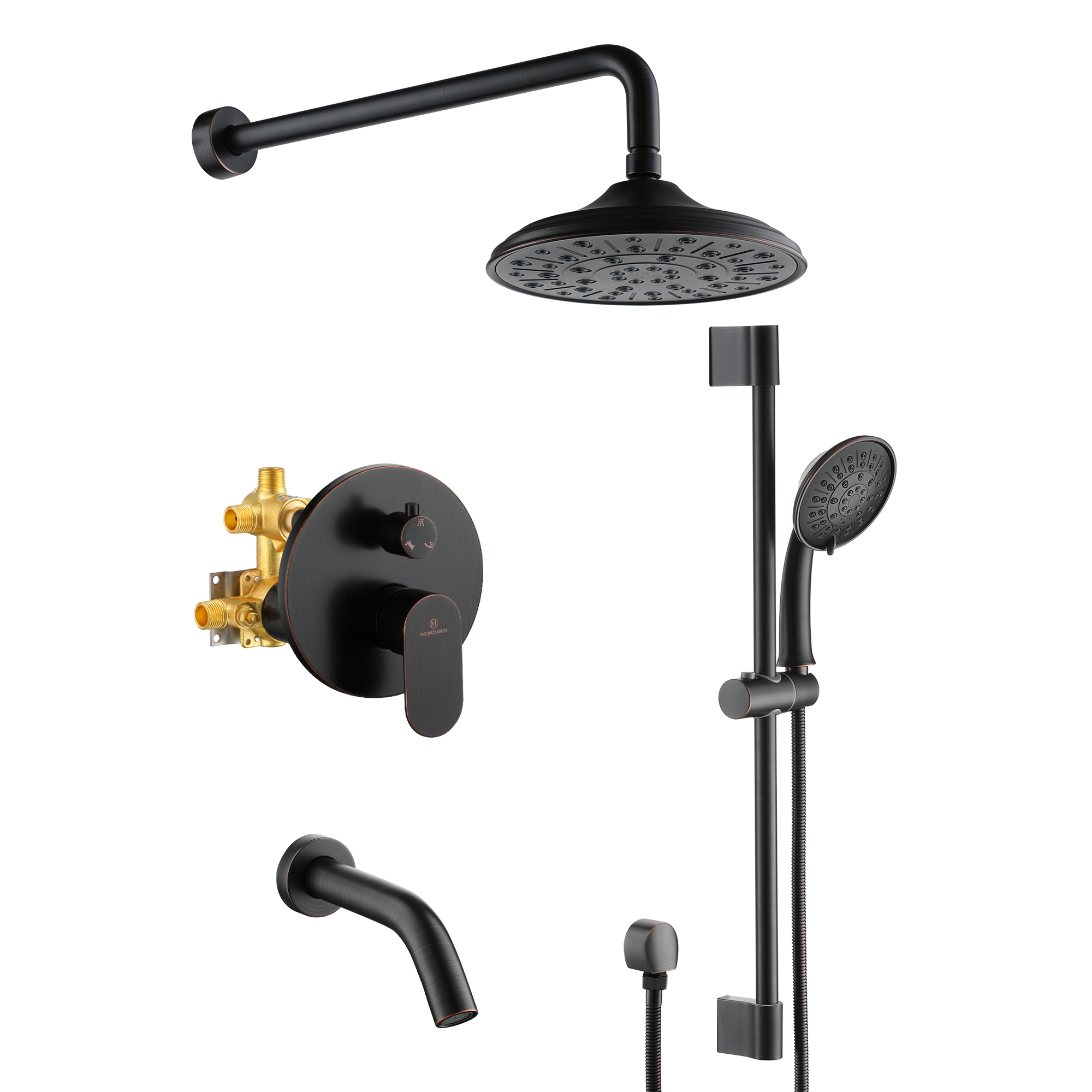 3815ORB3Mondawe Retro Series 2-Spray Patterns with 1.8 GPM 8 in. Rain Wall Mount Dual Shower Heads with Handheld and Spout in Brushed Nickel/ Black/ Bronze/Brushed Gold