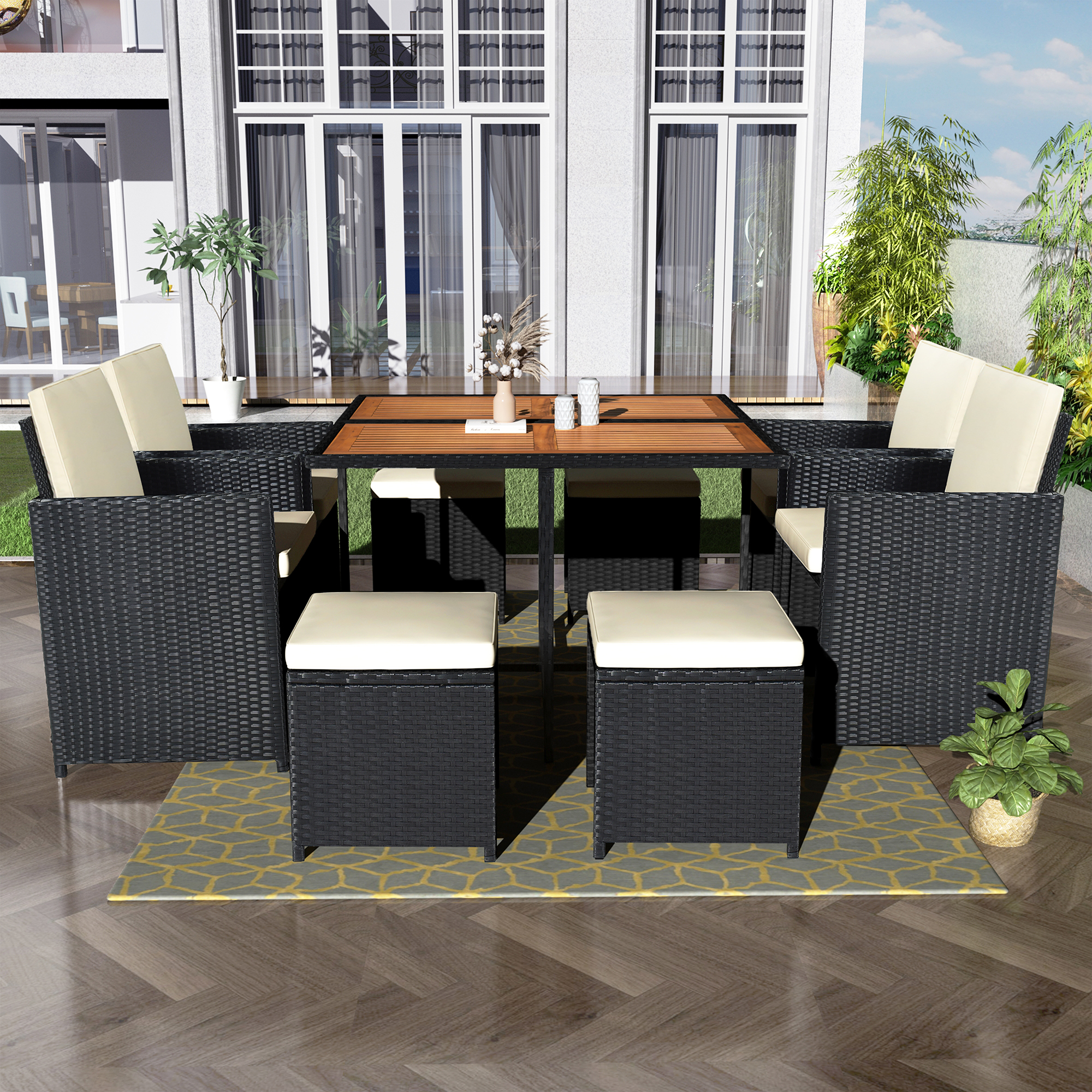 Mondawe Patio All-Weather PE Wicker Dining Table Set with Wood Tabletop for 8 Black Rattan+Beige Cushion (9-Piece)-Mondawe