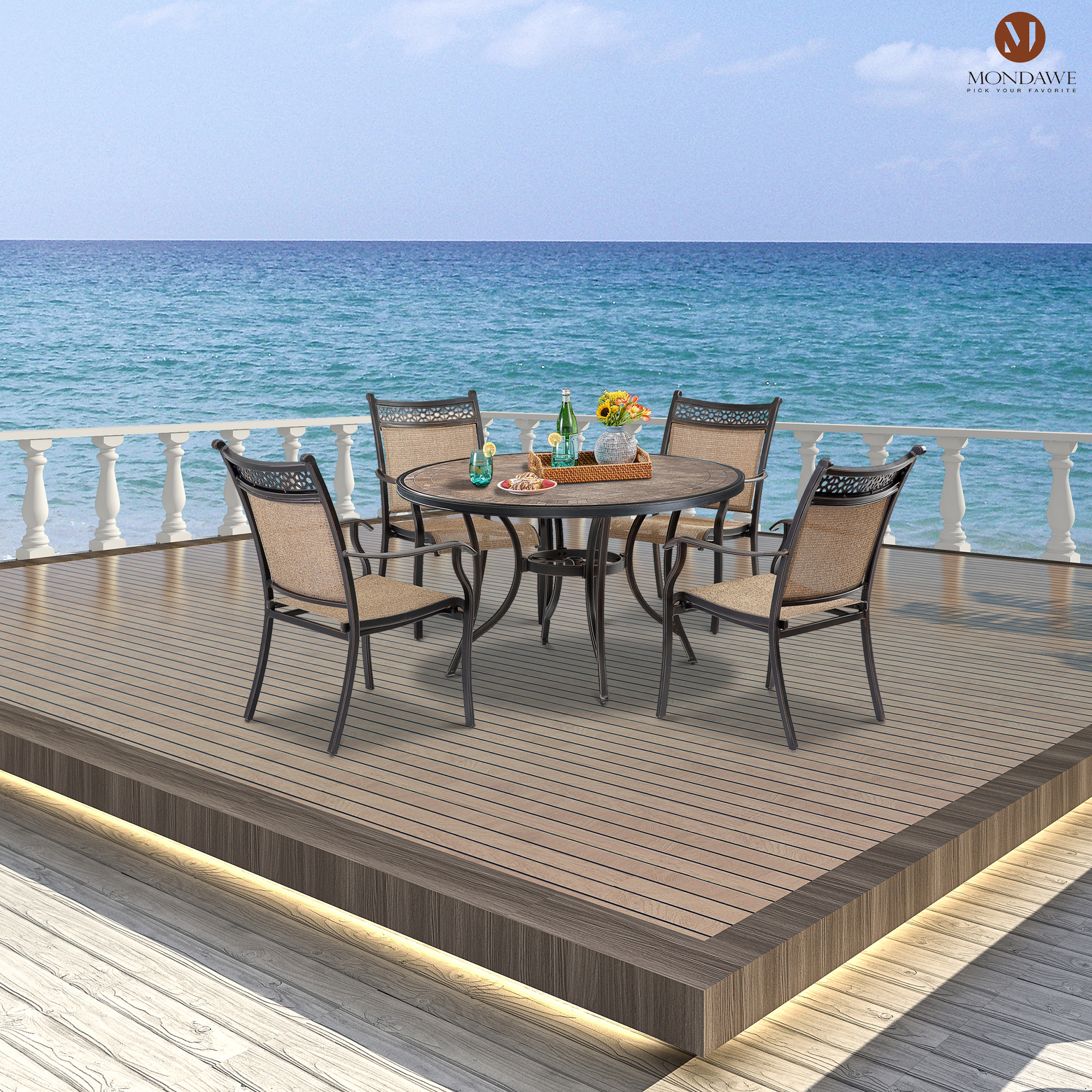 5-Piece Aluminum Outdoor Dining Set with Pattern Sling Arm Chairs and Ceramic Tile Top Accent Table-Mondawe