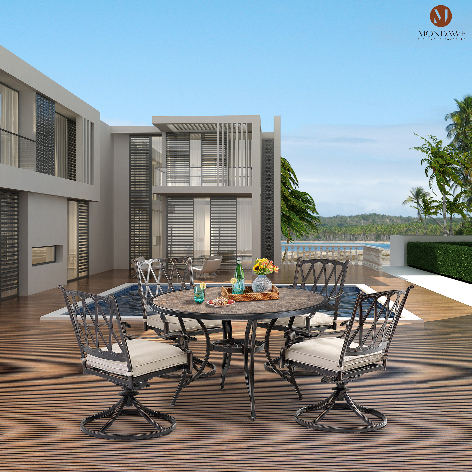 5-Piece Aluminum Outdoor Dining Set Swivel Chairs and Ceramic Tile Top Table Set with Beige Cushions-Mondawe