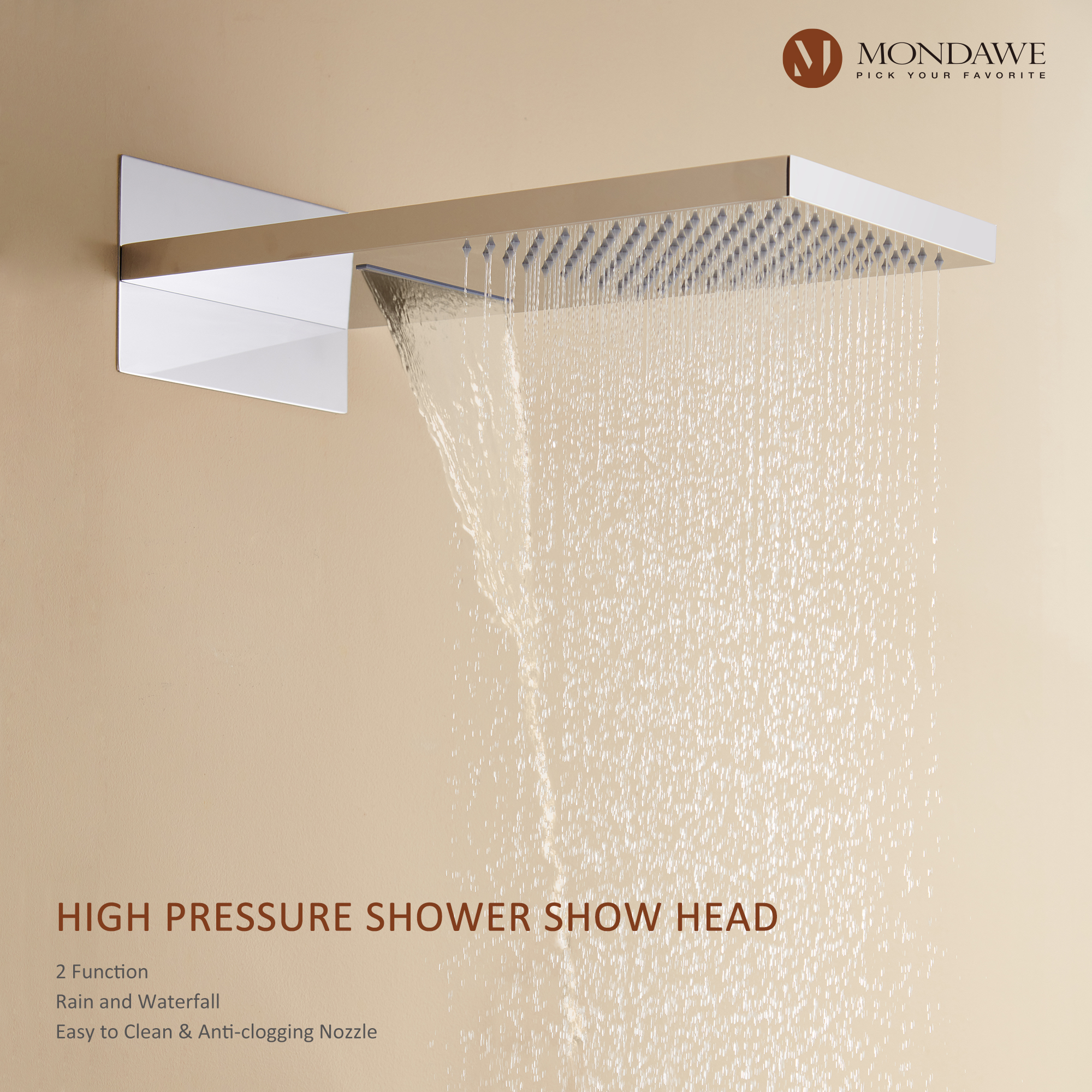 Luxury Wall Mount Waterfall and Rainfall Shower Head Set with Hand Shower