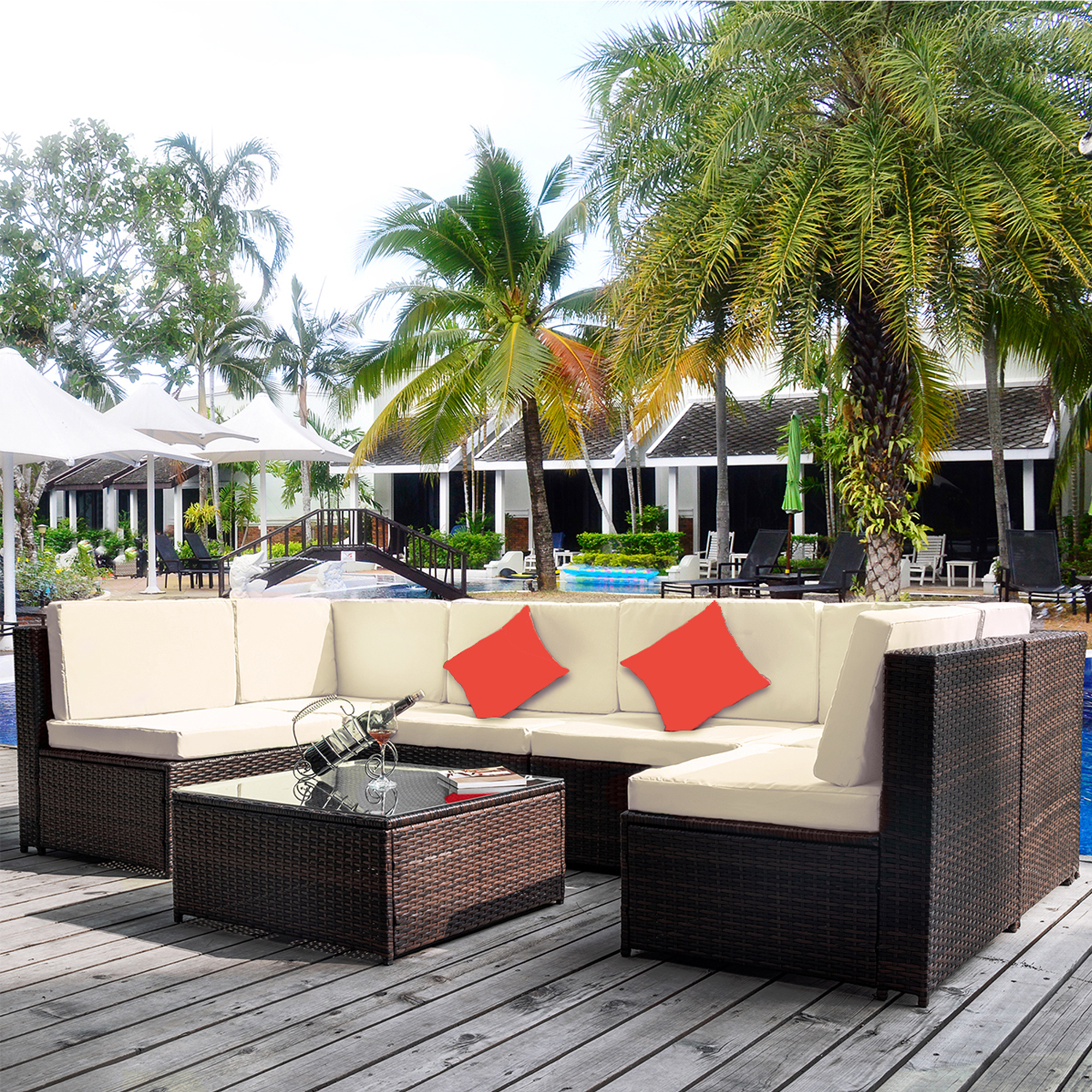 Mondawe 7 Pcs Patio Furniture Set PE Rattan Sectional Garden Furniture Corner Sofa Set Beige-Mondawe
