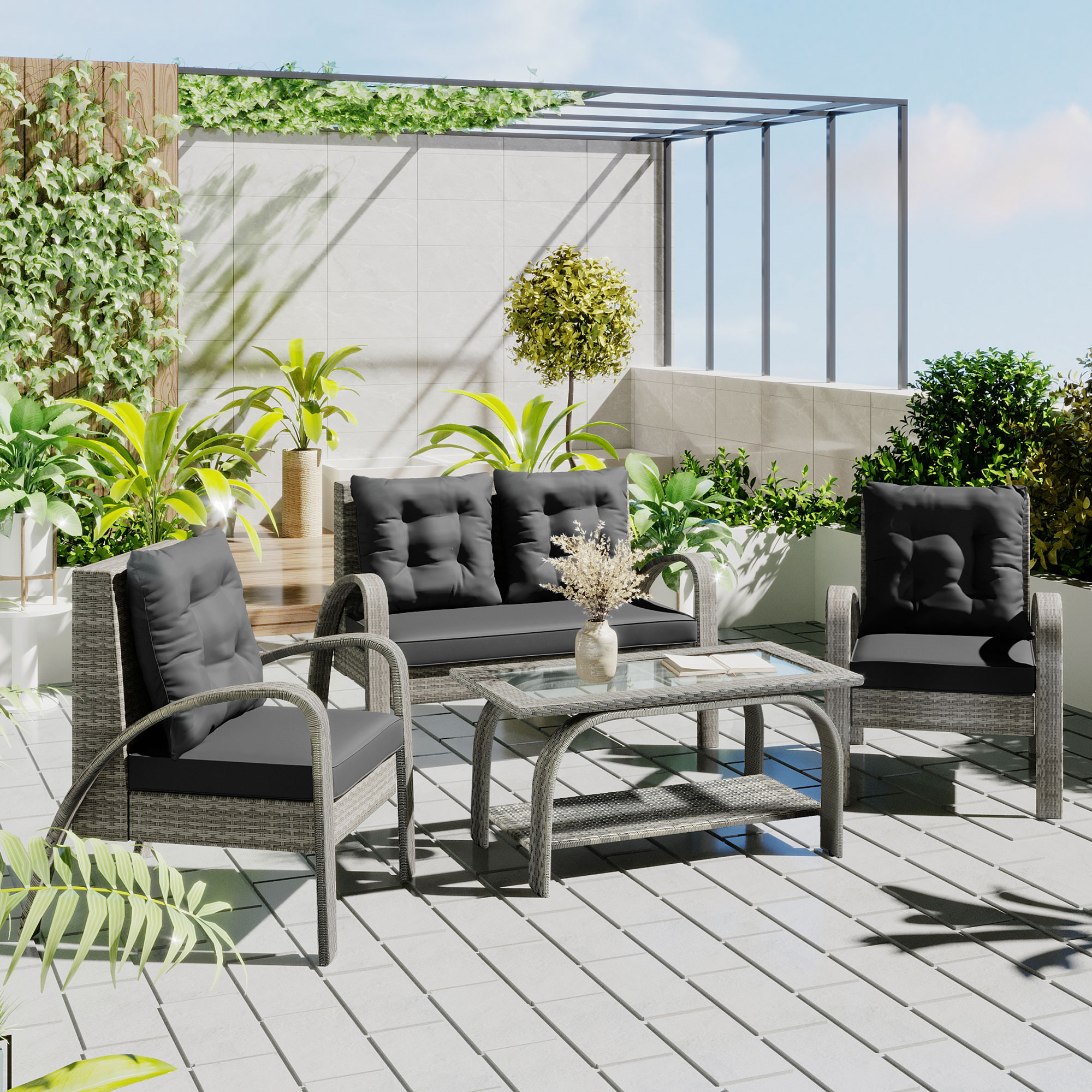 Mondawe Outdoor Patio 4-Piece Sectional Rattan Sofa Set For Backyard Poolside Deck Gray-Mondawe