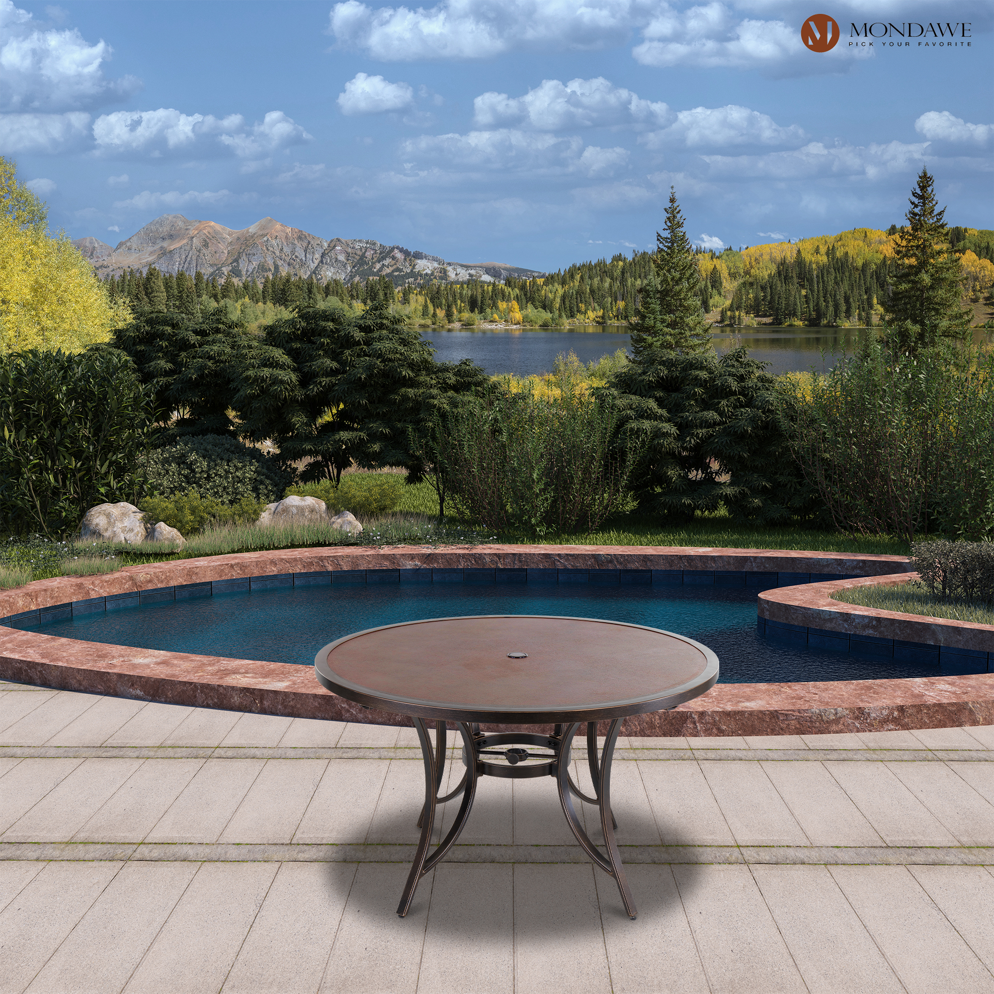 Dark Gold Round Aluminum 28 in. H Patio Outdoor Dining Tempered Glass Top Table with Umbrella Hole-Mondawe