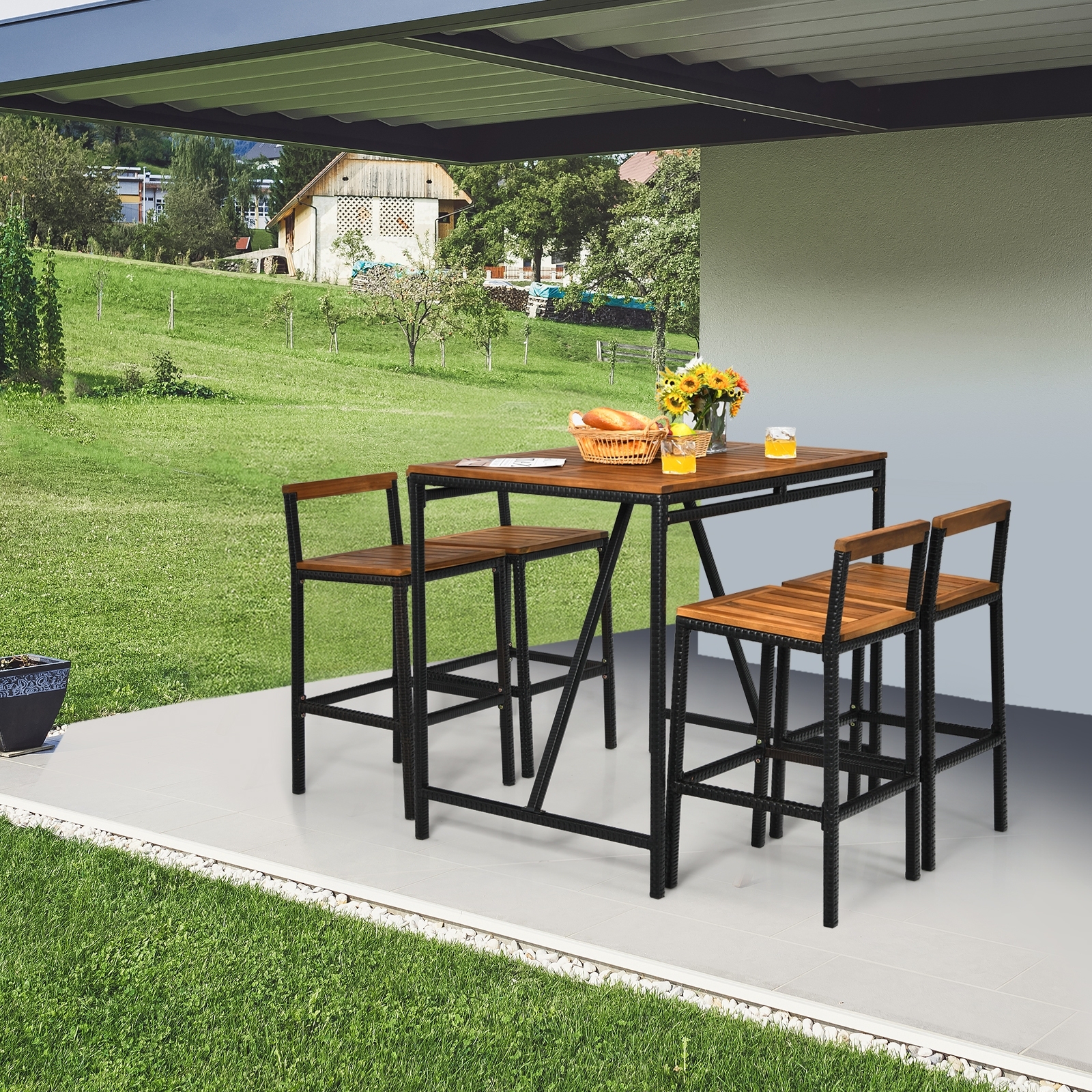Mondawe Outdoor Patio Aluminum Frame Wicker Rattan 7-piece Dining Set with Umbrella Hole-Mondawe