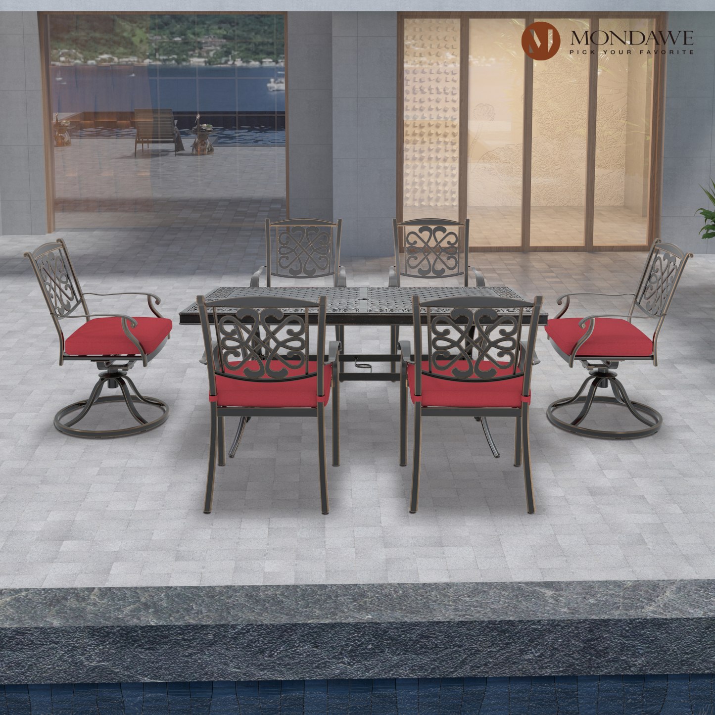 Mondawe 7Pcs Cast Aluminum Dining Set with Rectangle Table, Flower-Shaped Backrest Swivel Chairs and Flower-Shaped Backrest Dining Chairs In Red/Beige-Mondawe